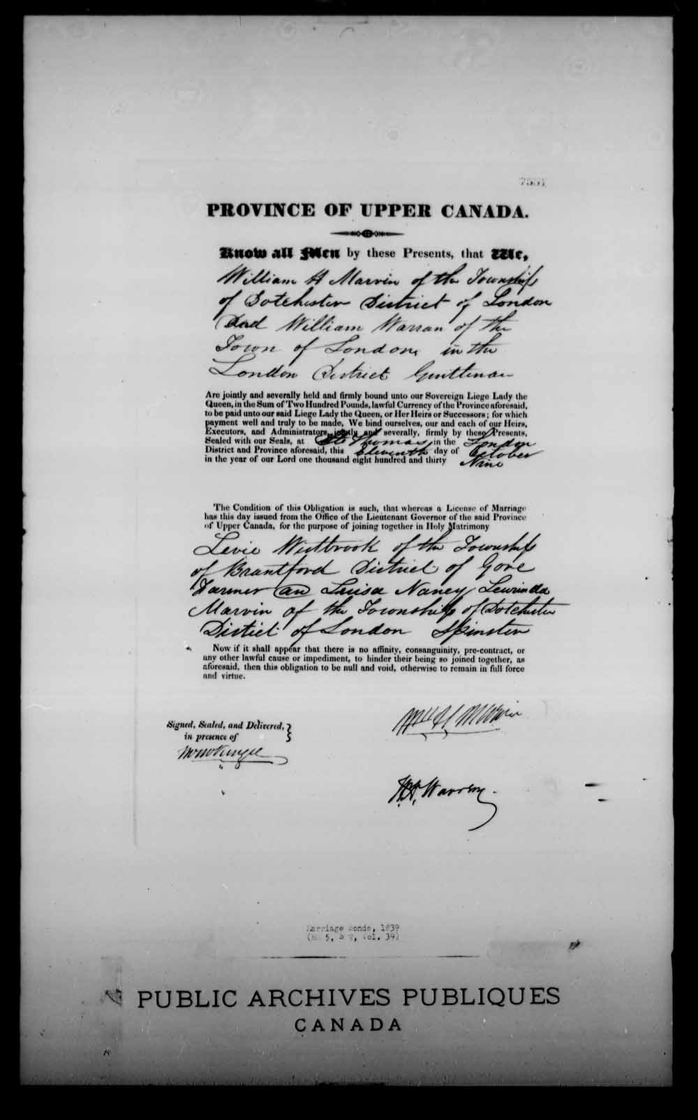 Digitized page of Upper and Lower Canada Marriage Bonds (1779-1865) for Image No.: e008233174