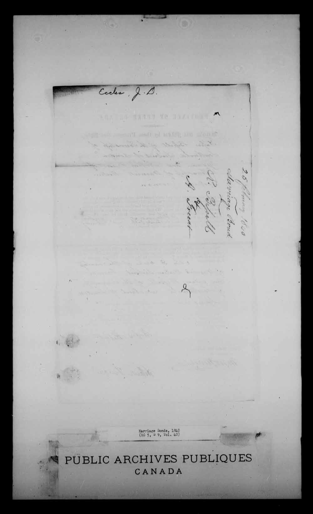 Digitized page of Upper and Lower Canada Marriage Bonds (1779-1865) for Image No.: e008233667