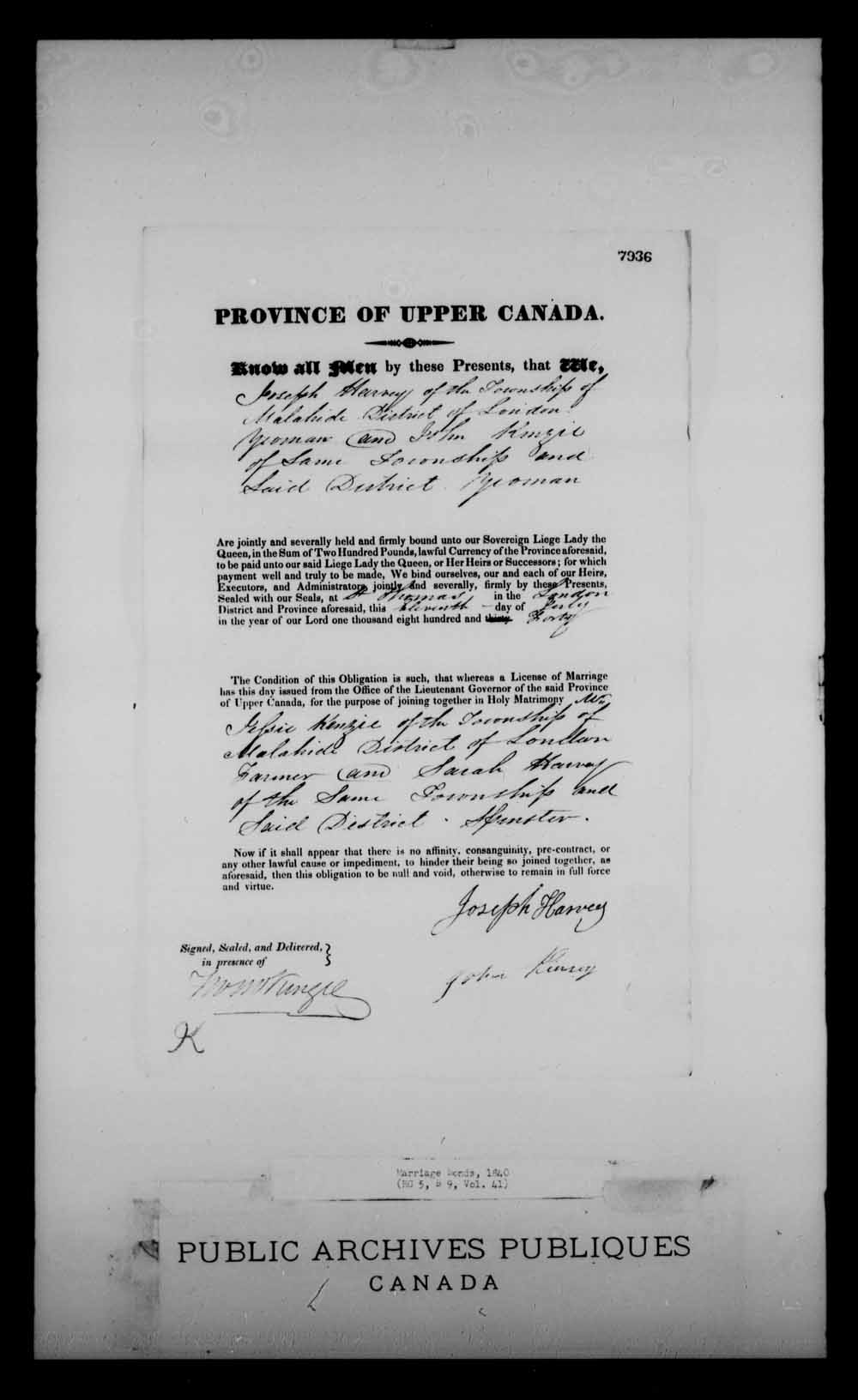 Digitized page of Upper and Lower Canada Marriage Bonds (1779-1865) for Image No.: e008233956