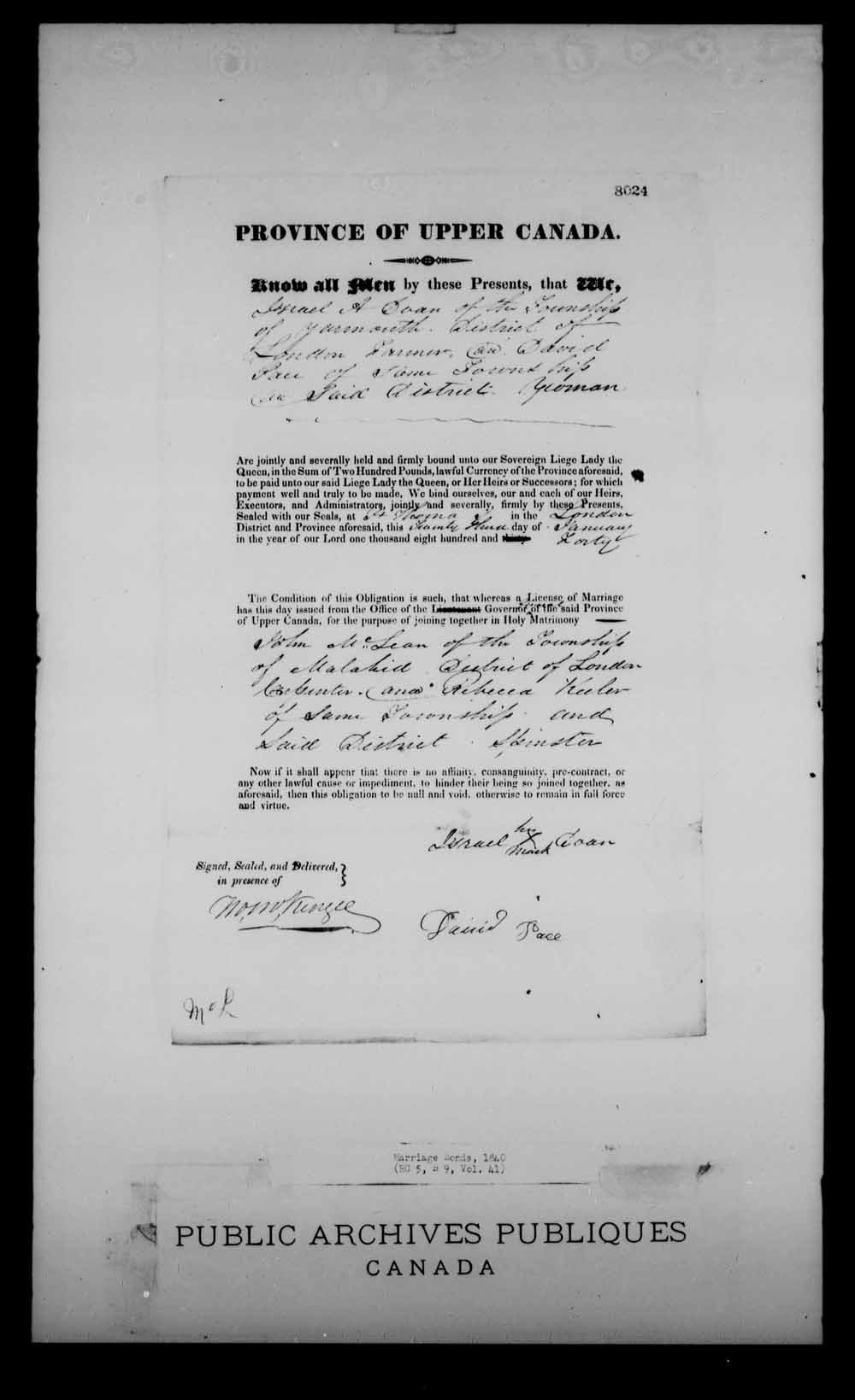 Digitized page of Upper and Lower Canada Marriage Bonds (1779-1865) for Image No.: e008234120