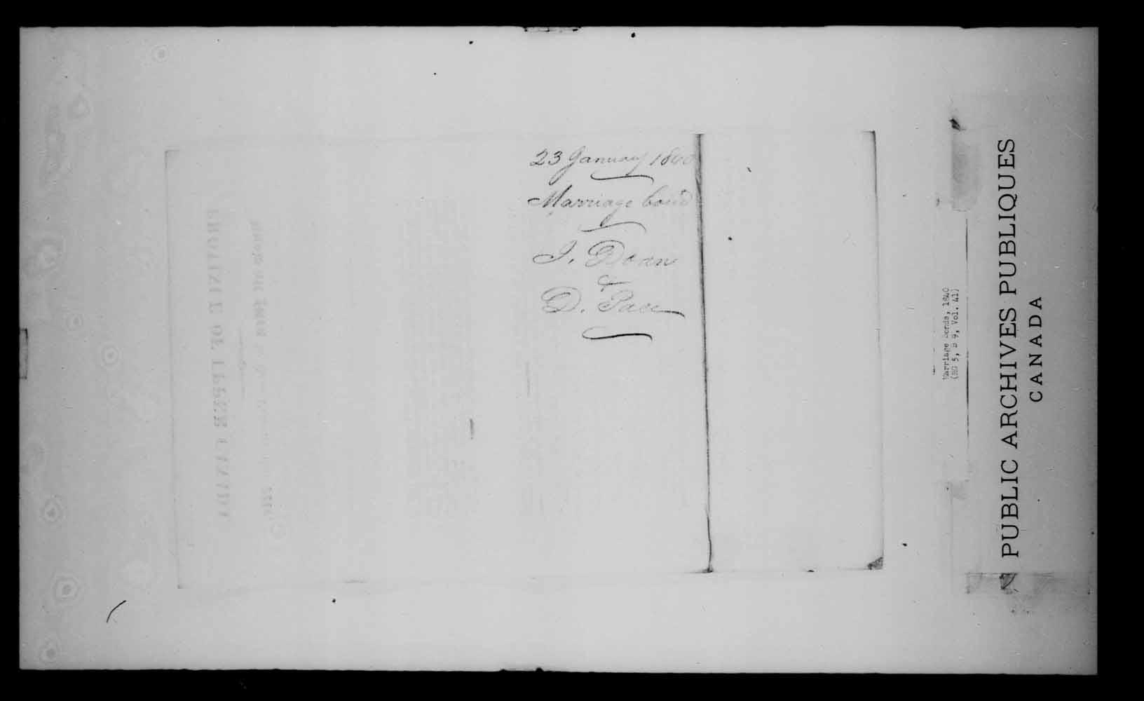 Digitized page of Upper and Lower Canada Marriage Bonds (1779-1865) for Image No.: e008234121