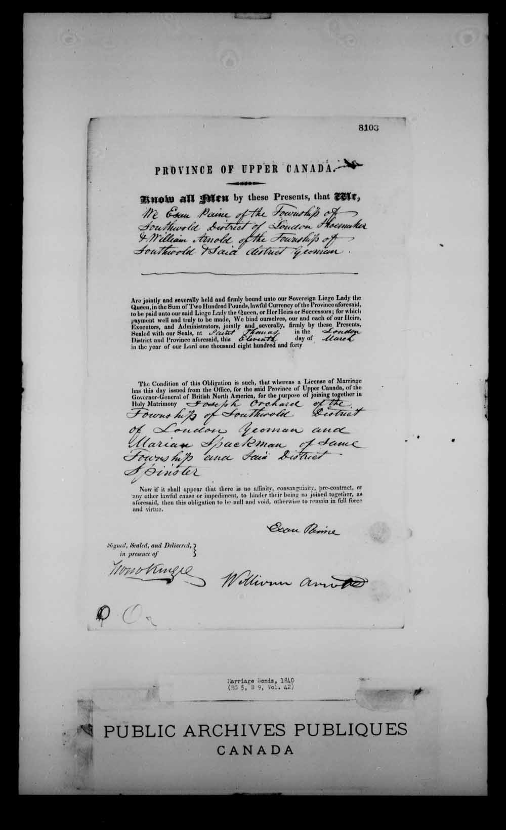 Digitized page of Upper and Lower Canada Marriage Bonds (1779-1865) for Image No.: e008234265