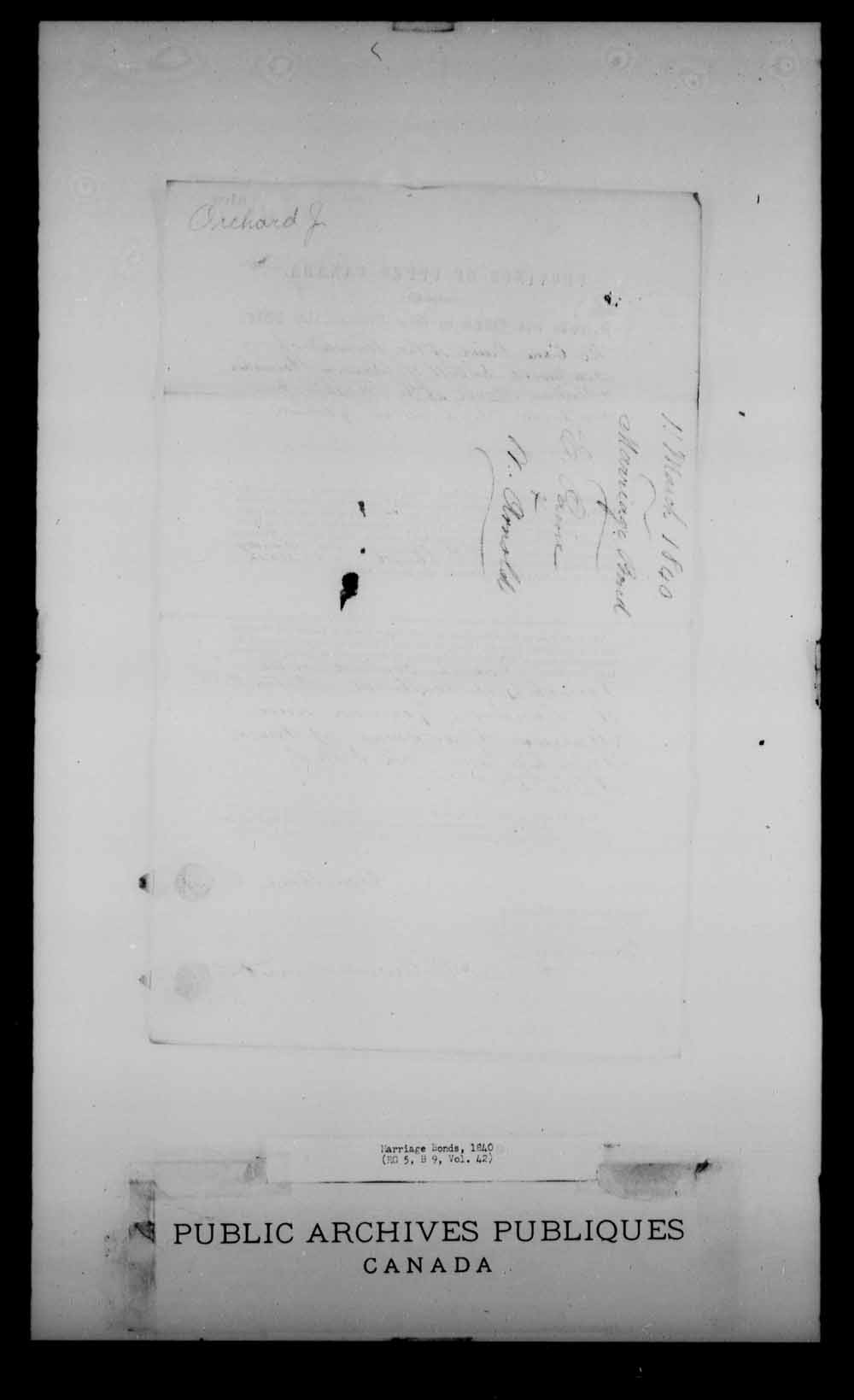 Digitized page of Upper and Lower Canada Marriage Bonds (1779-1865) for Image No.: e008234266