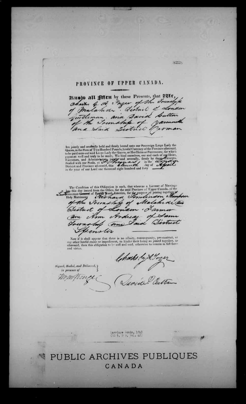 Digitized page of Upper and Lower Canada Marriage Bonds (1779-1865) for Image No.: e008234499
