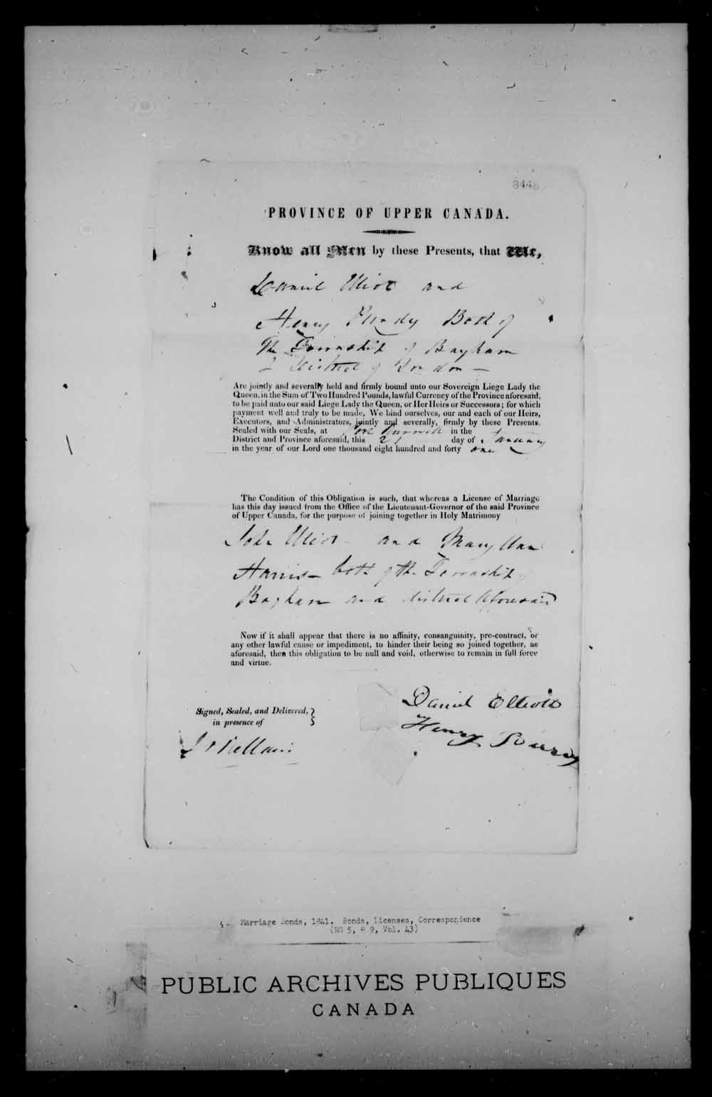 Digitized page of Upper and Lower Canada Marriage Bonds (1779-1865) for Image No.: e008234894