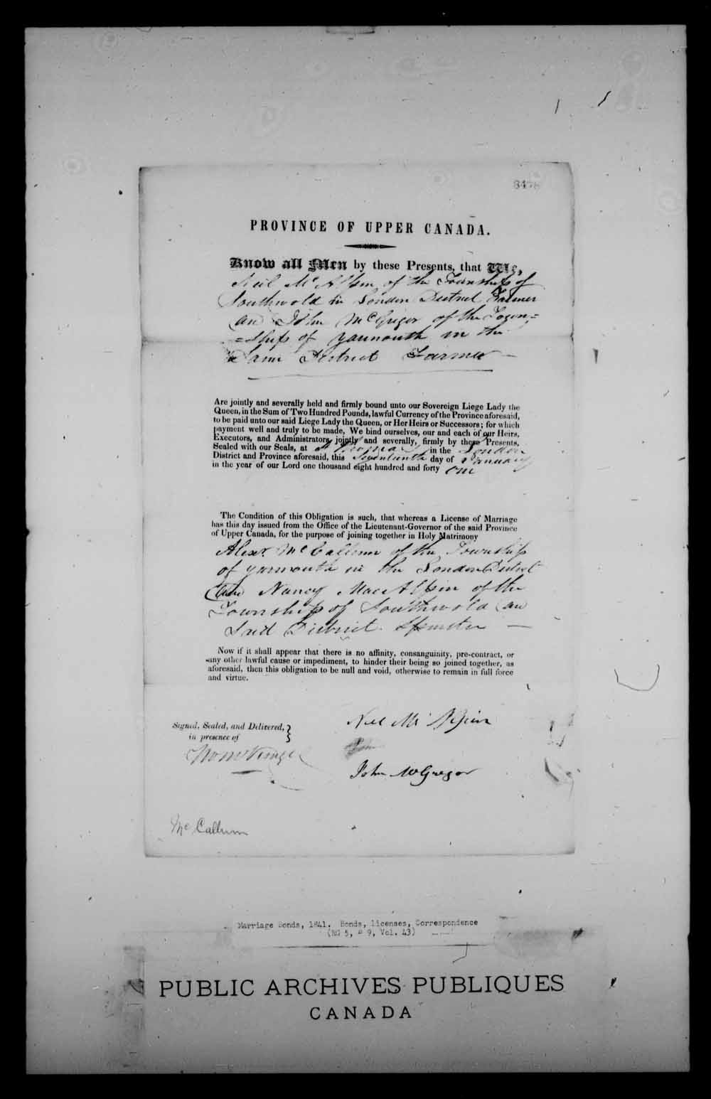 Digitized page of Upper and Lower Canada Marriage Bonds (1779-1865) for Image No.: e008234945