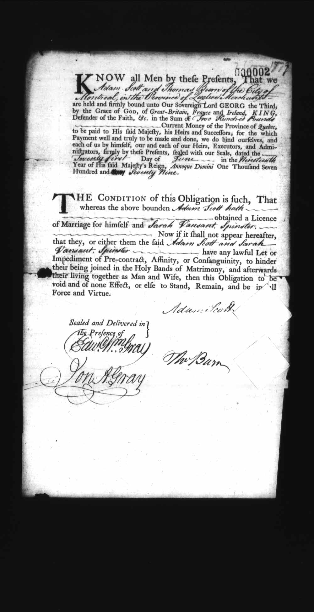 Page numérisé de Cautionnements de mariages pour le Haut-Canada et le Bas-Canada (1779-1865) pour l'image numéro: e008235809