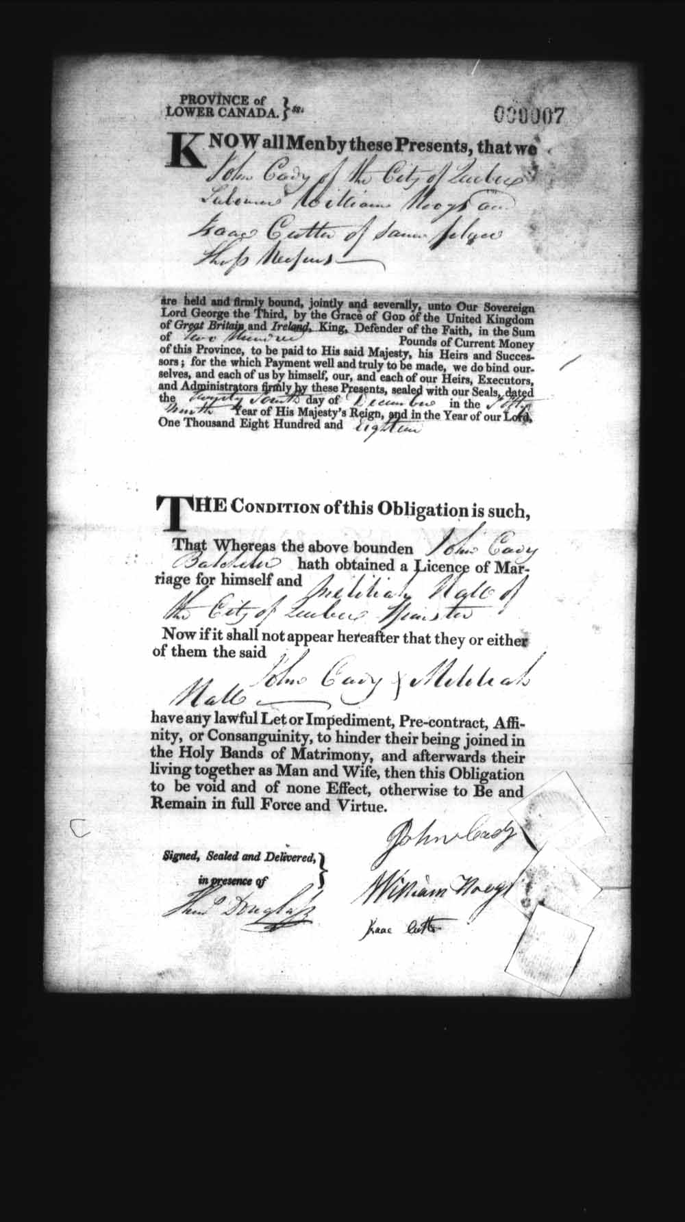 Page numérisé de Cautionnements de mariages pour le Haut-Canada et le Bas-Canada (1779-1865) pour l'image numéro: e008235814