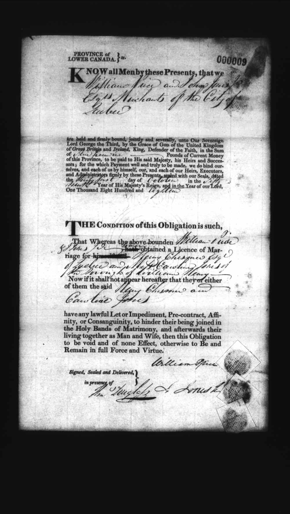 Digitized page of Upper and Lower Canada Marriage Bonds (1779-1865) for Image No.: e008235817