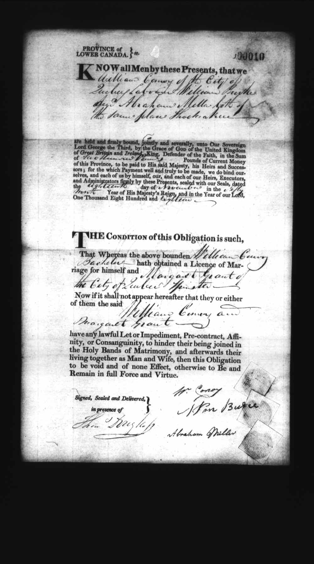 Digitized page of Upper and Lower Canada Marriage Bonds (1779-1865) for Image No.: e008235818