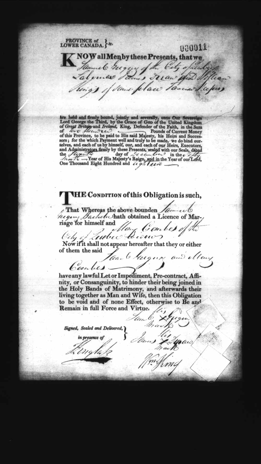 Digitized page of Upper and Lower Canada Marriage Bonds (1779-1865) for Image No.: e008235819