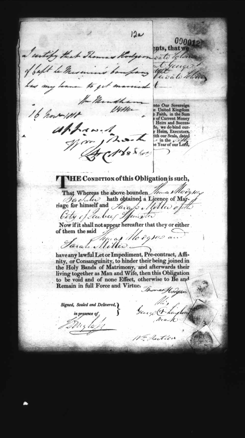 Digitized page of Upper and Lower Canada Marriage Bonds (1779-1865) for Image No.: e008235820