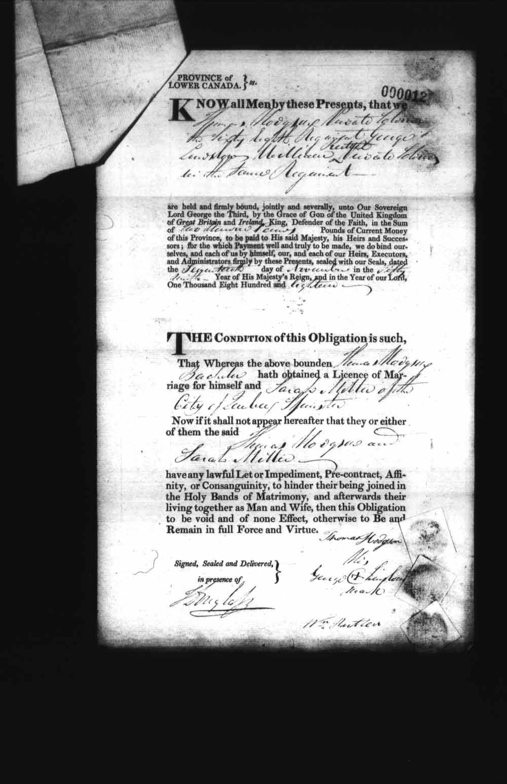 Digitized page of Upper and Lower Canada Marriage Bonds (1779-1865) for Image No.: e008235821