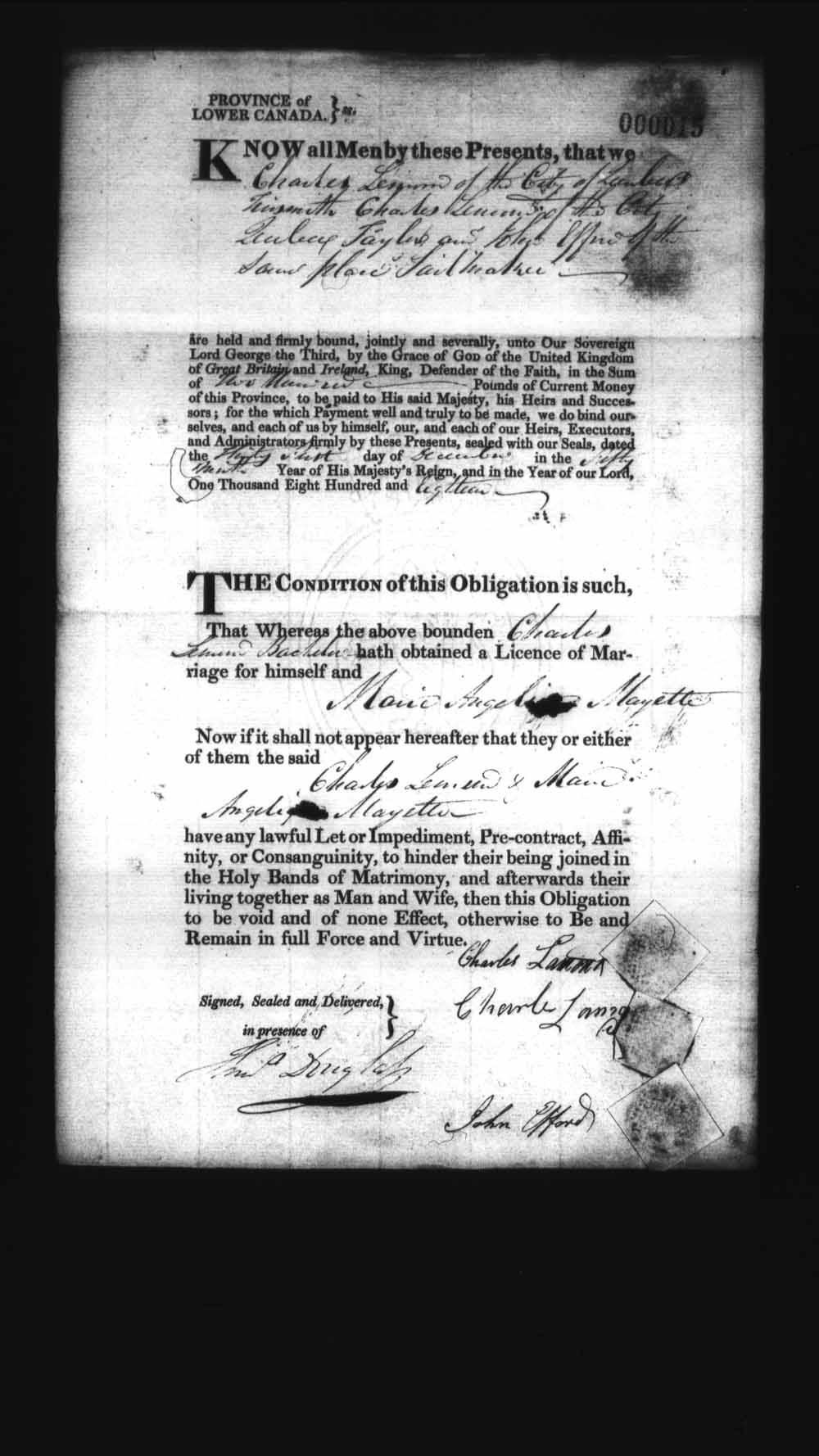 Digitized page of Upper and Lower Canada Marriage Bonds (1779-1865) for Image No.: e008235824
