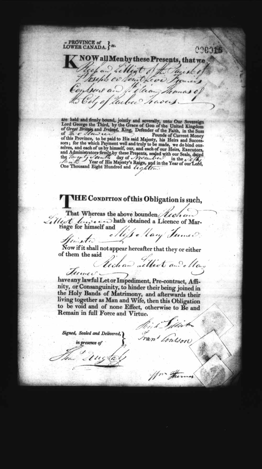 Digitized page of Upper and Lower Canada Marriage Bonds (1779-1865) for Image No.: e008235825