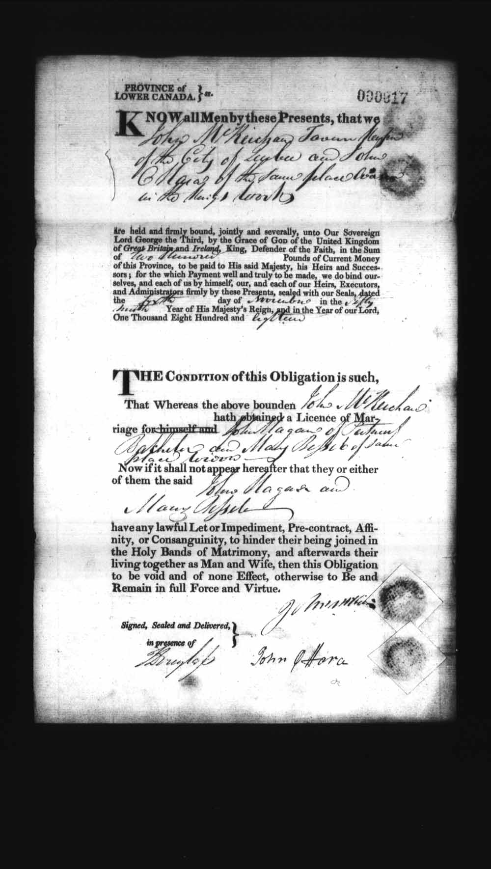 Digitized page of Upper and Lower Canada Marriage Bonds (1779-1865) for Image No.: e008235826
