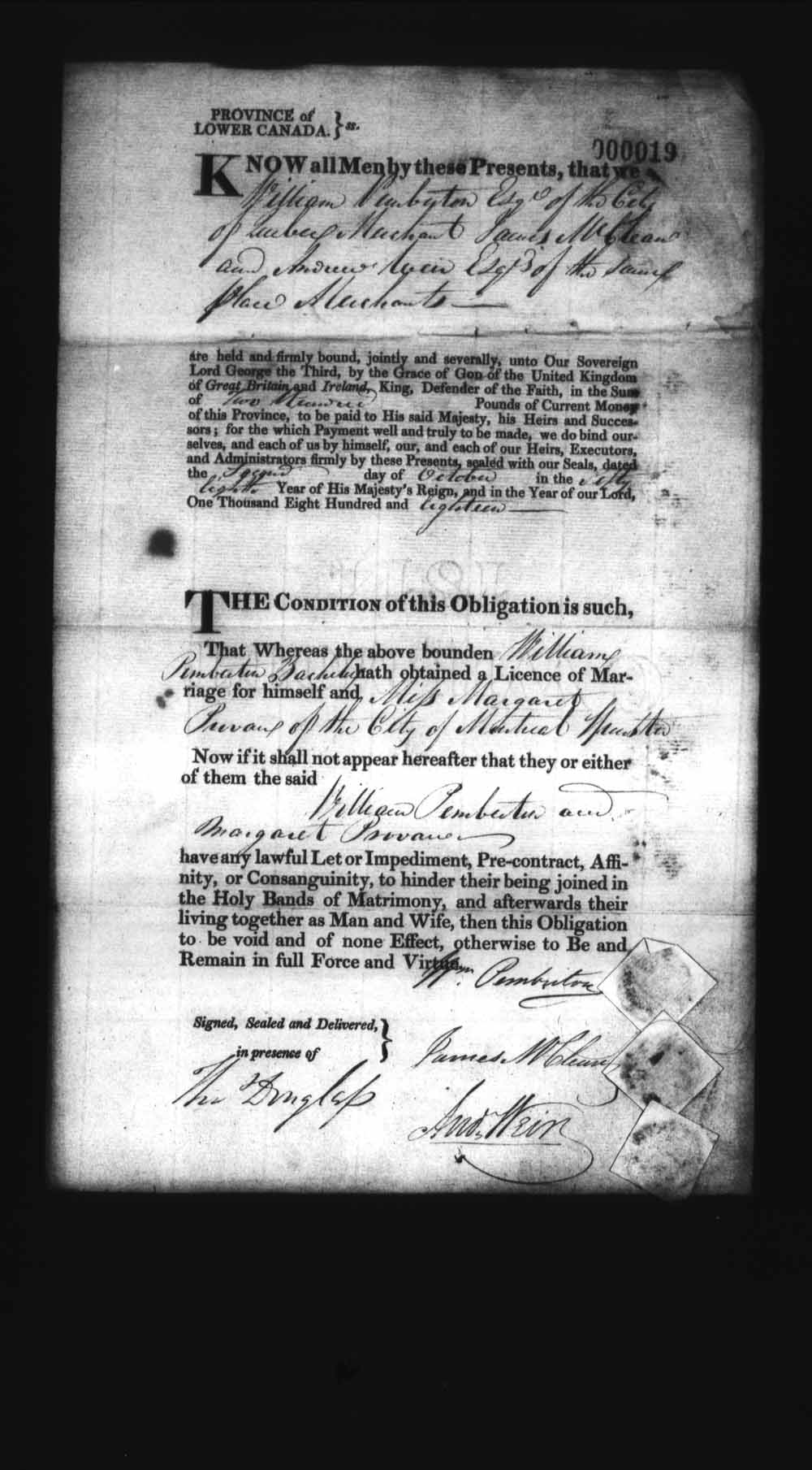 Digitized page of Upper and Lower Canada Marriage Bonds (1779-1865) for Image No.: e008235829