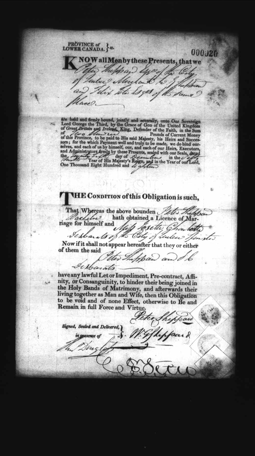 Digitized page of Upper and Lower Canada Marriage Bonds (1779-1865) for Image No.: e008235830