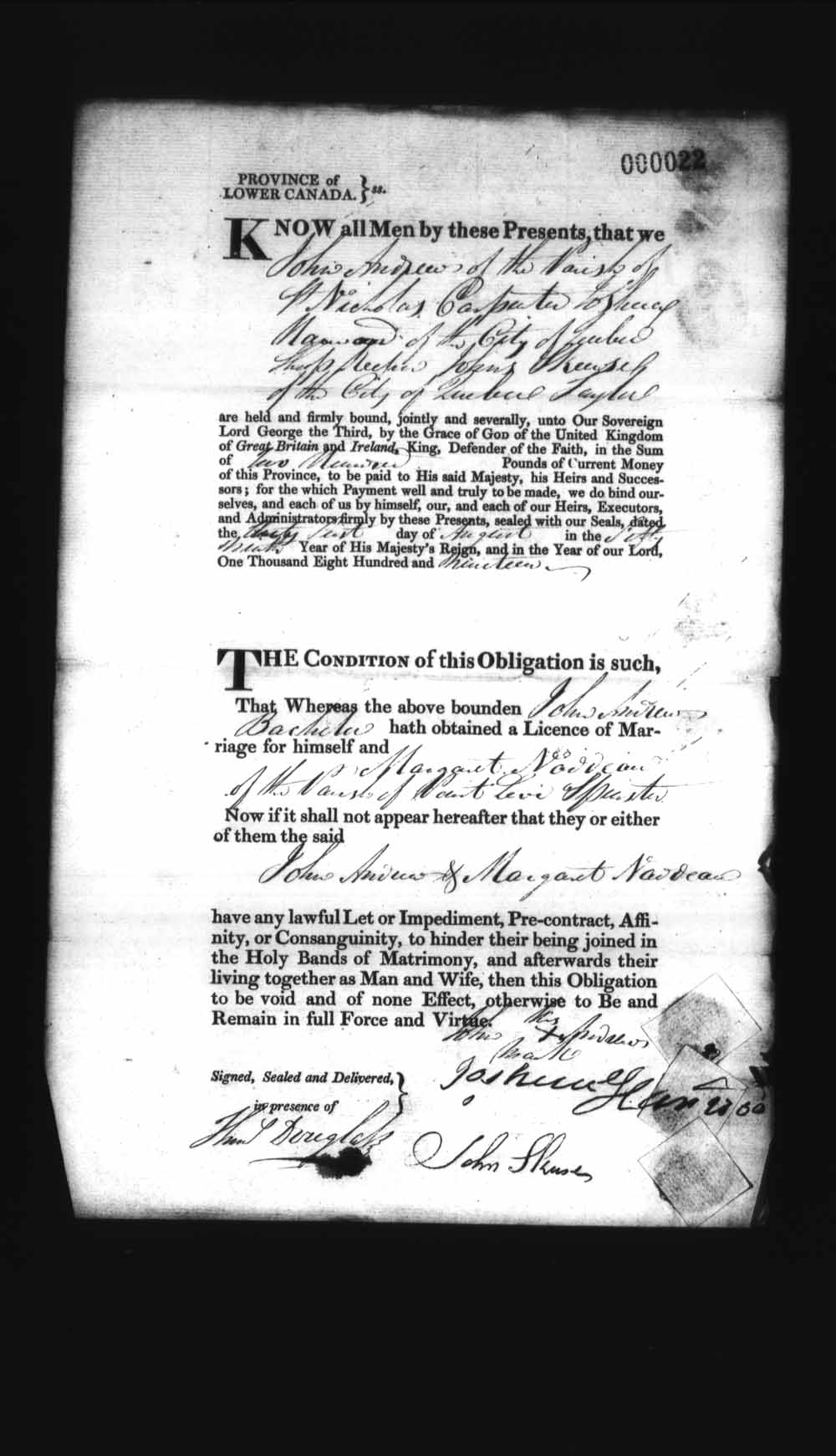 Digitized page of Upper and Lower Canada Marriage Bonds (1779-1865) for Image No.: e008235833