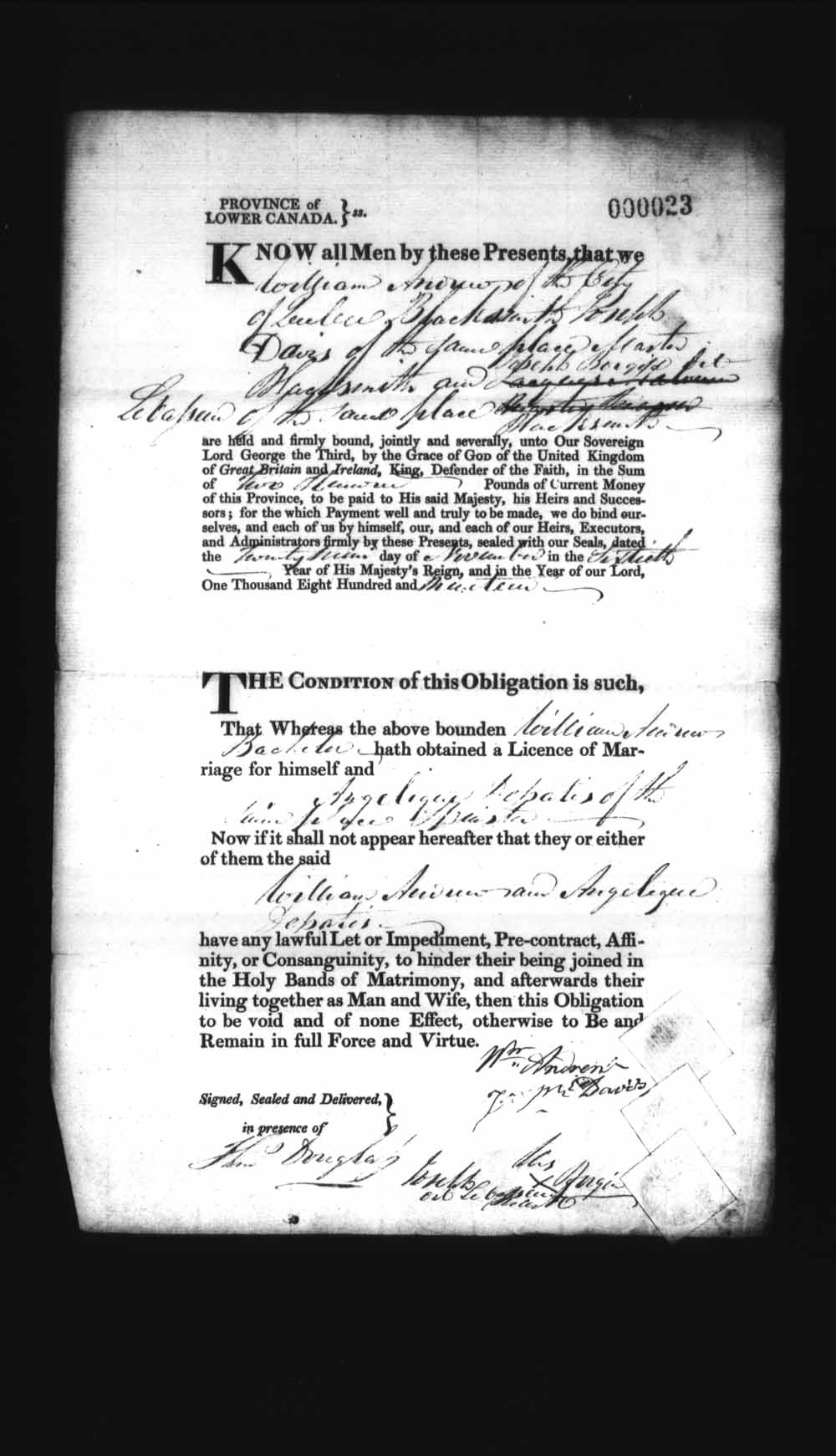 Digitized page of Upper and Lower Canada Marriage Bonds (1779-1865) for Image No.: e008235834