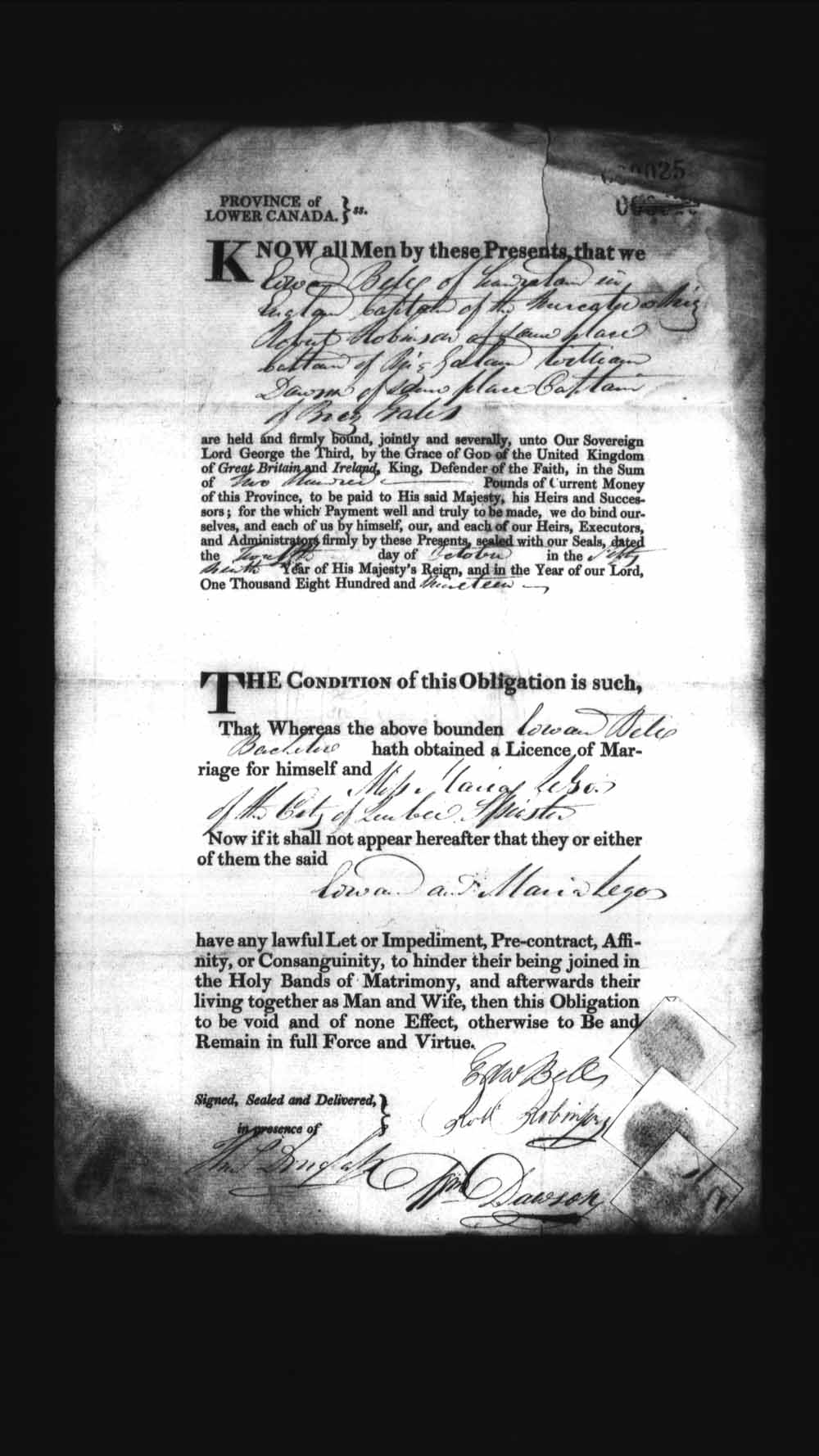 Digitized page of Upper and Lower Canada Marriage Bonds (1779-1865) for Image No.: e008235836