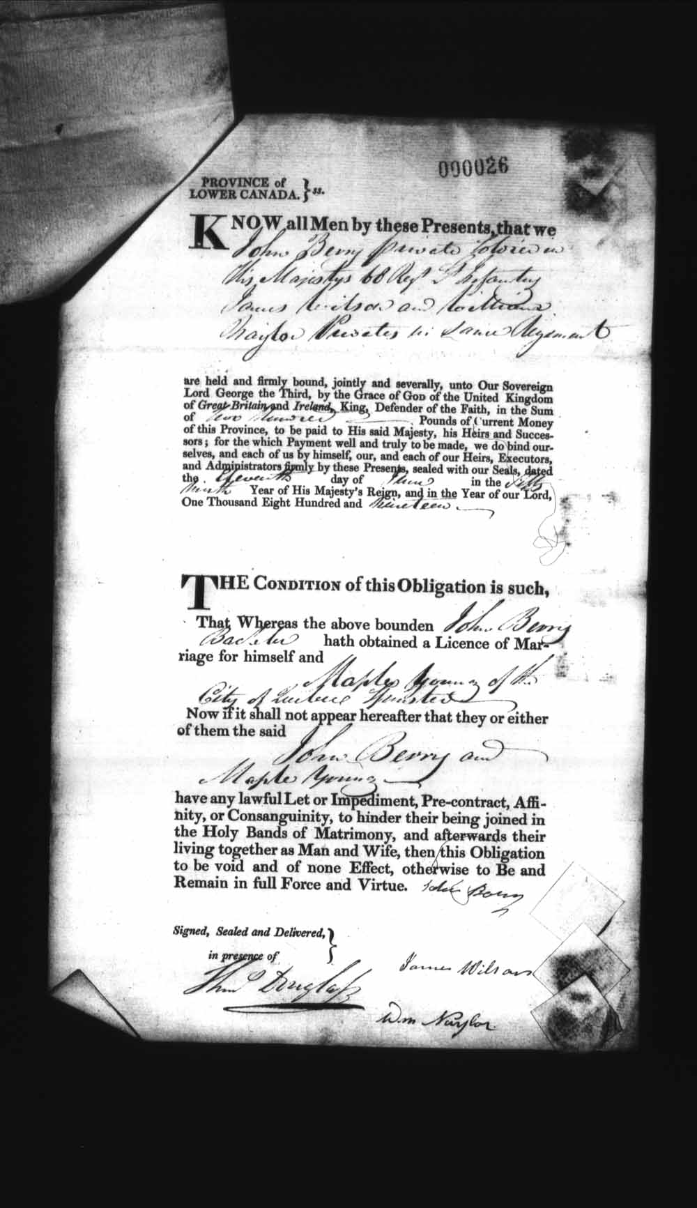 Page numérisé de Cautionnements de mariages pour le Haut-Canada et le Bas-Canada (1779-1865) pour l'image numéro: e008235838