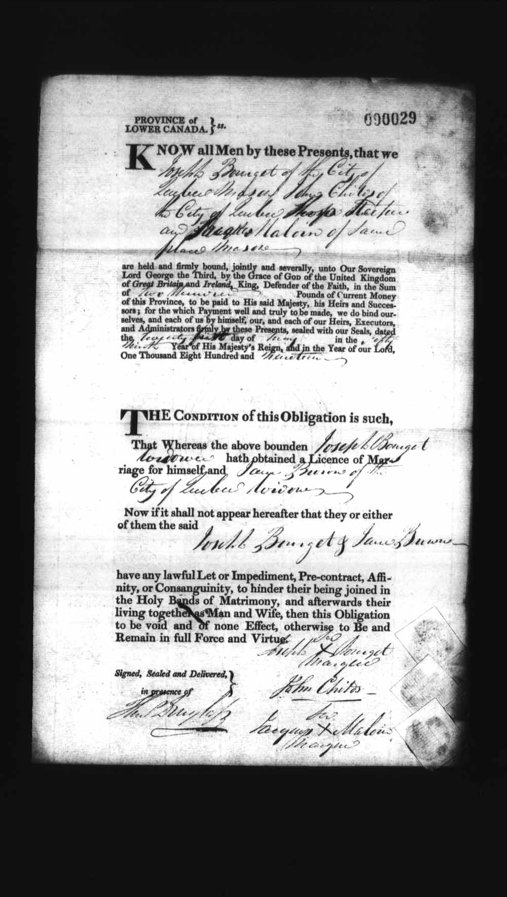 Digitized page of Upper and Lower Canada Marriage Bonds (1779-1865) for Image No.: e008235841