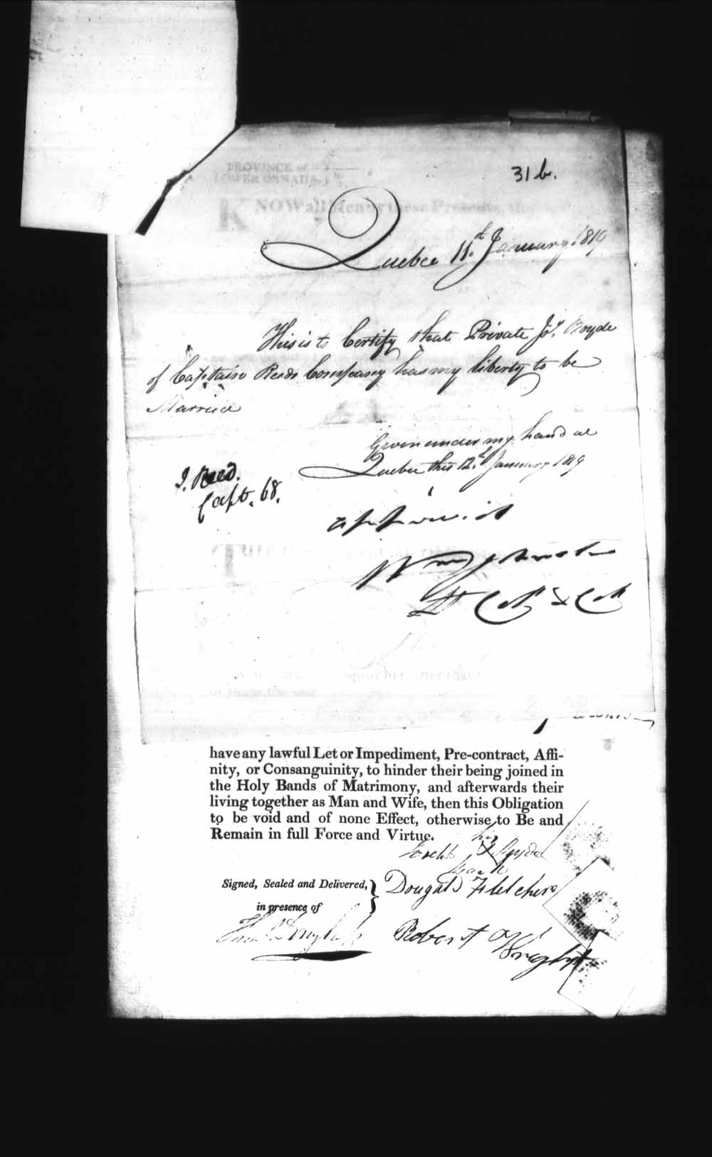 Digitized page of Upper and Lower Canada Marriage Bonds (1779-1865) for Image No.: e008235845