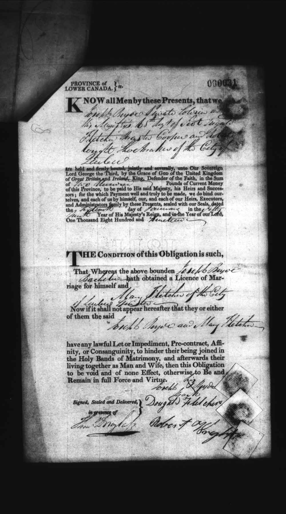 Digitized page of Upper and Lower Canada Marriage Bonds (1779-1865) for Image No.: e008235846