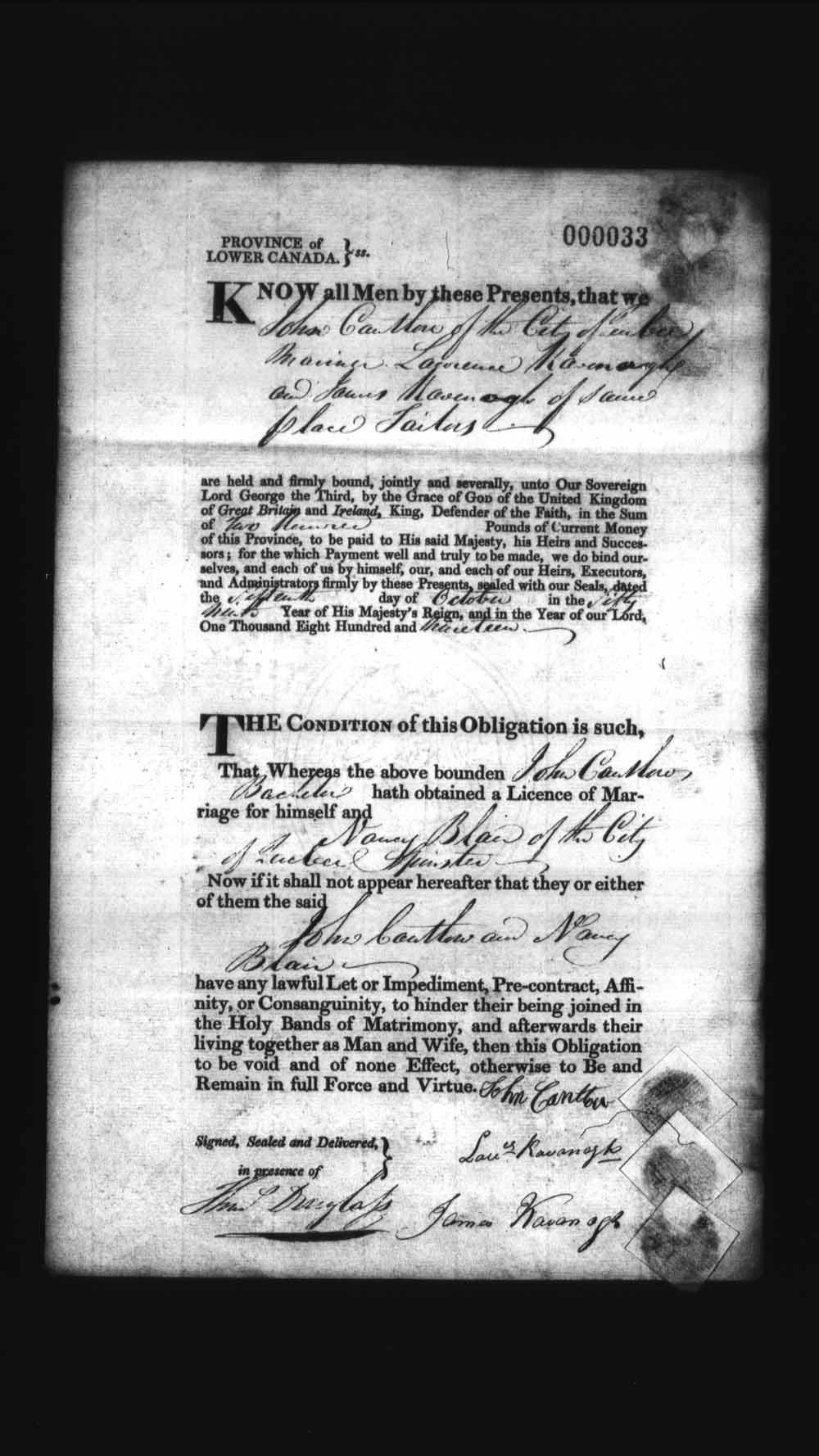 Digitized page of Upper and Lower Canada Marriage Bonds (1779-1865) for Image No.: e008235849