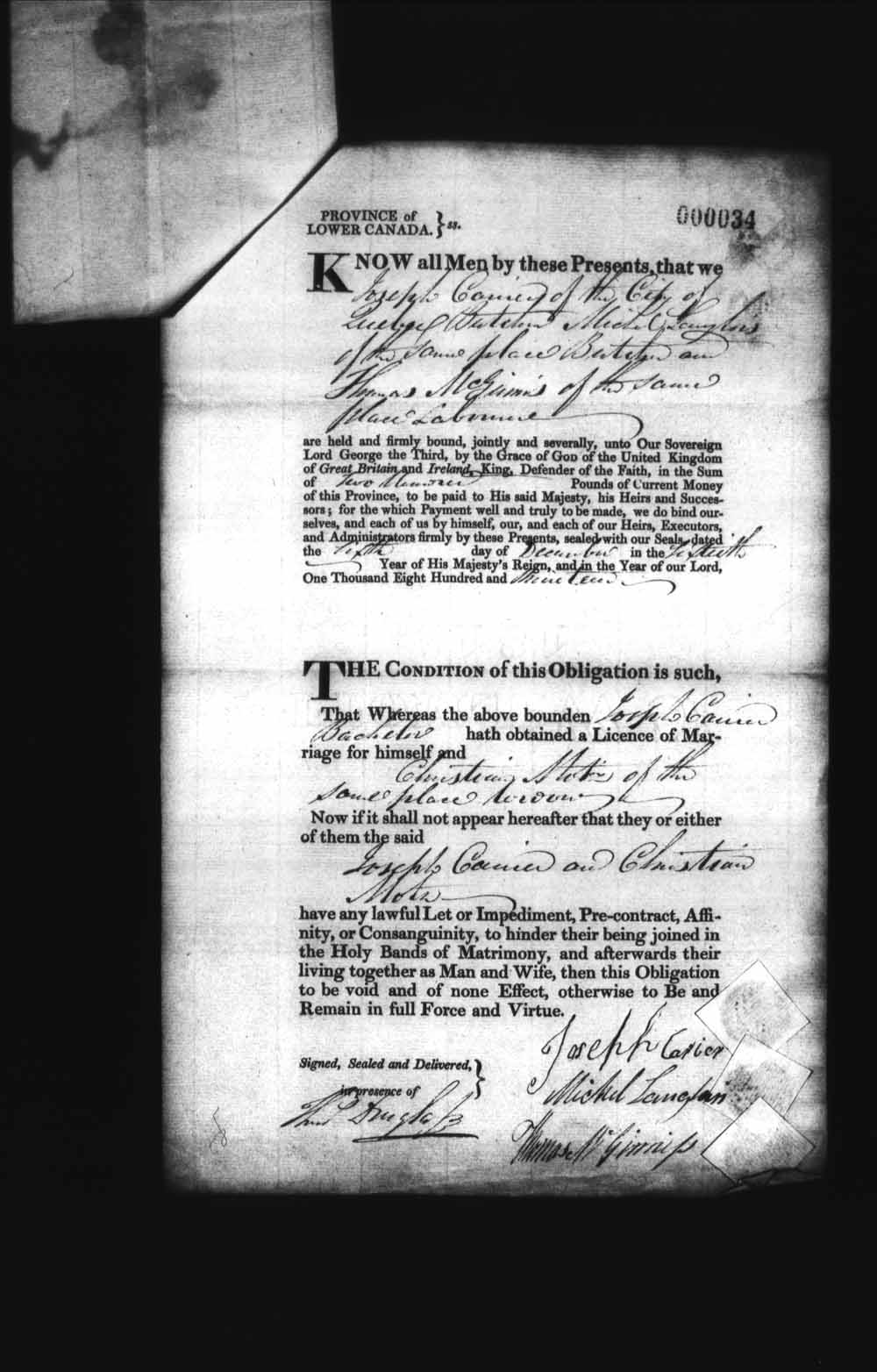 Page numérisé de Cautionnements de mariages pour le Haut-Canada et le Bas-Canada (1779-1865) pour l'image numéro: e008235851