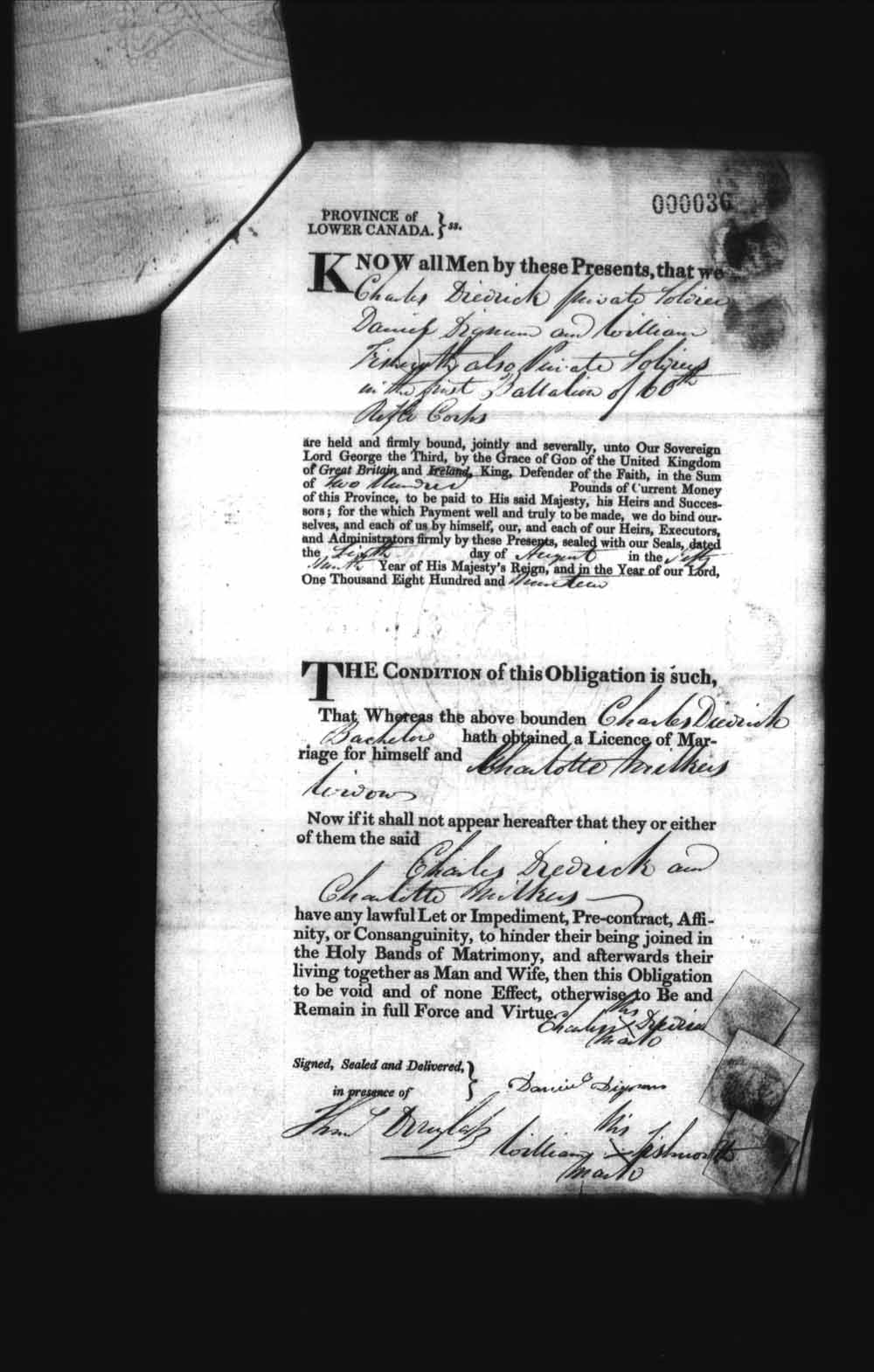 Digitized page of Upper and Lower Canada Marriage Bonds (1779-1865) for Image No.: e008235854