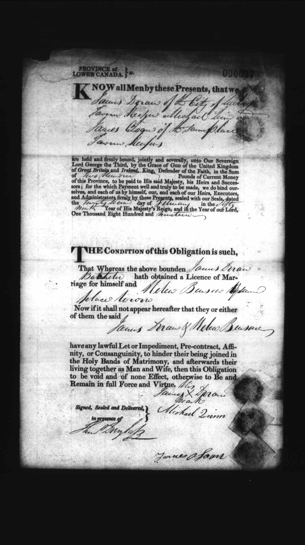 Digitized page of Upper and Lower Canada Marriage Bonds (1779-1865) for Image No.: e008235855