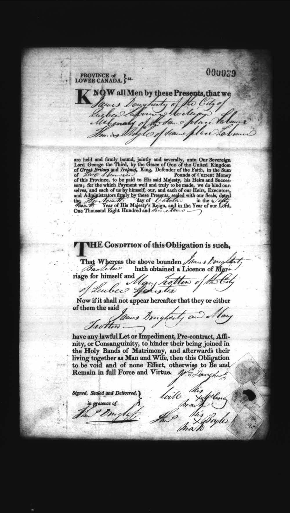 Page numérisé de Cautionnements de mariages pour le Haut-Canada et le Bas-Canada (1779-1865) pour l'image numéro: e008235857