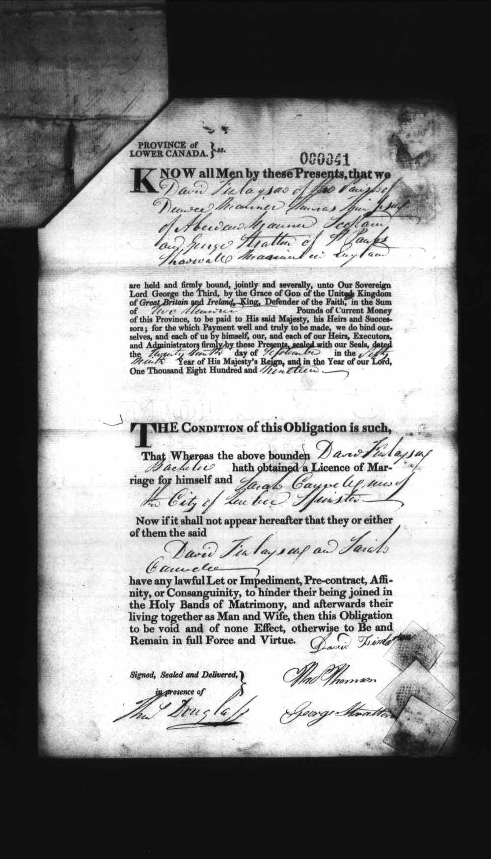 Digitized page of Upper and Lower Canada Marriage Bonds (1779-1865) for Image No.: e008235860