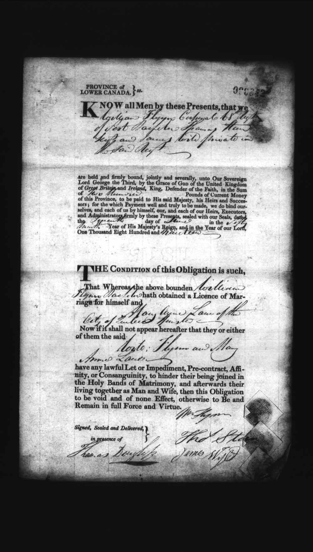 Digitized page of Upper and Lower Canada Marriage Bonds (1779-1865) for Image No.: e008235861