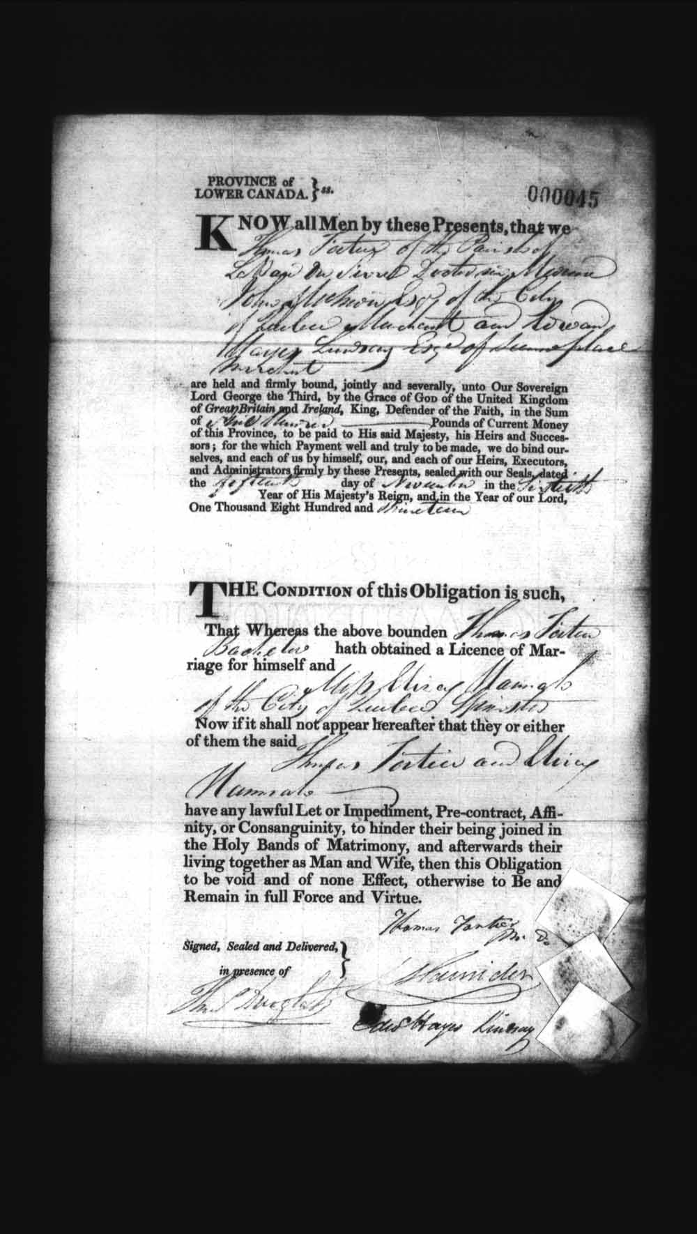 Digitized page of Upper and Lower Canada Marriage Bonds (1779-1865) for Image No.: e008235866