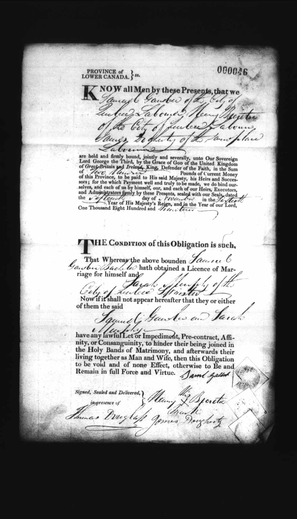 Digitized page of Upper and Lower Canada Marriage Bonds (1779-1865) for Image No.: e008235867