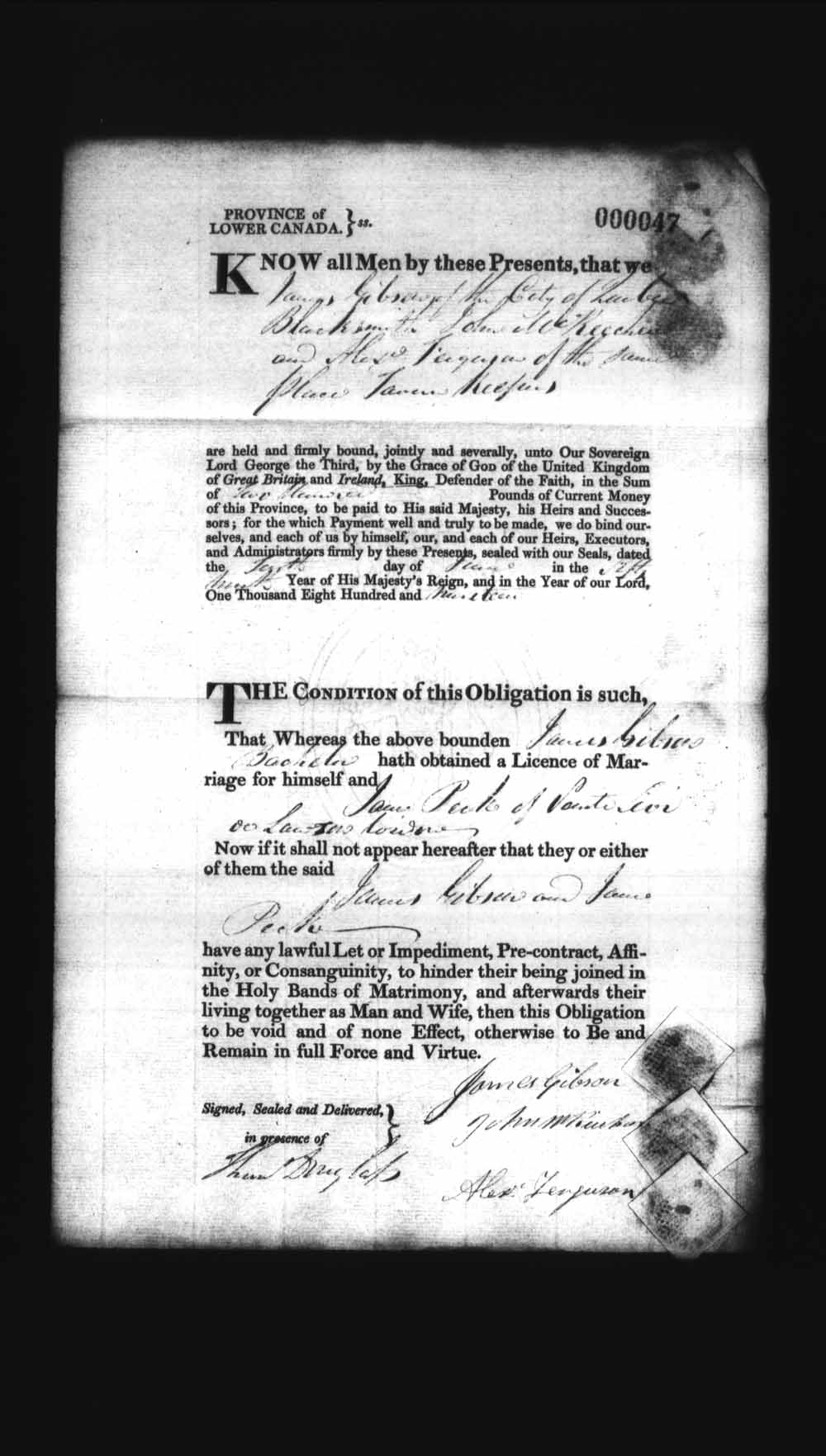 Digitized page of Upper and Lower Canada Marriage Bonds (1779-1865) for Image No.: e008235868