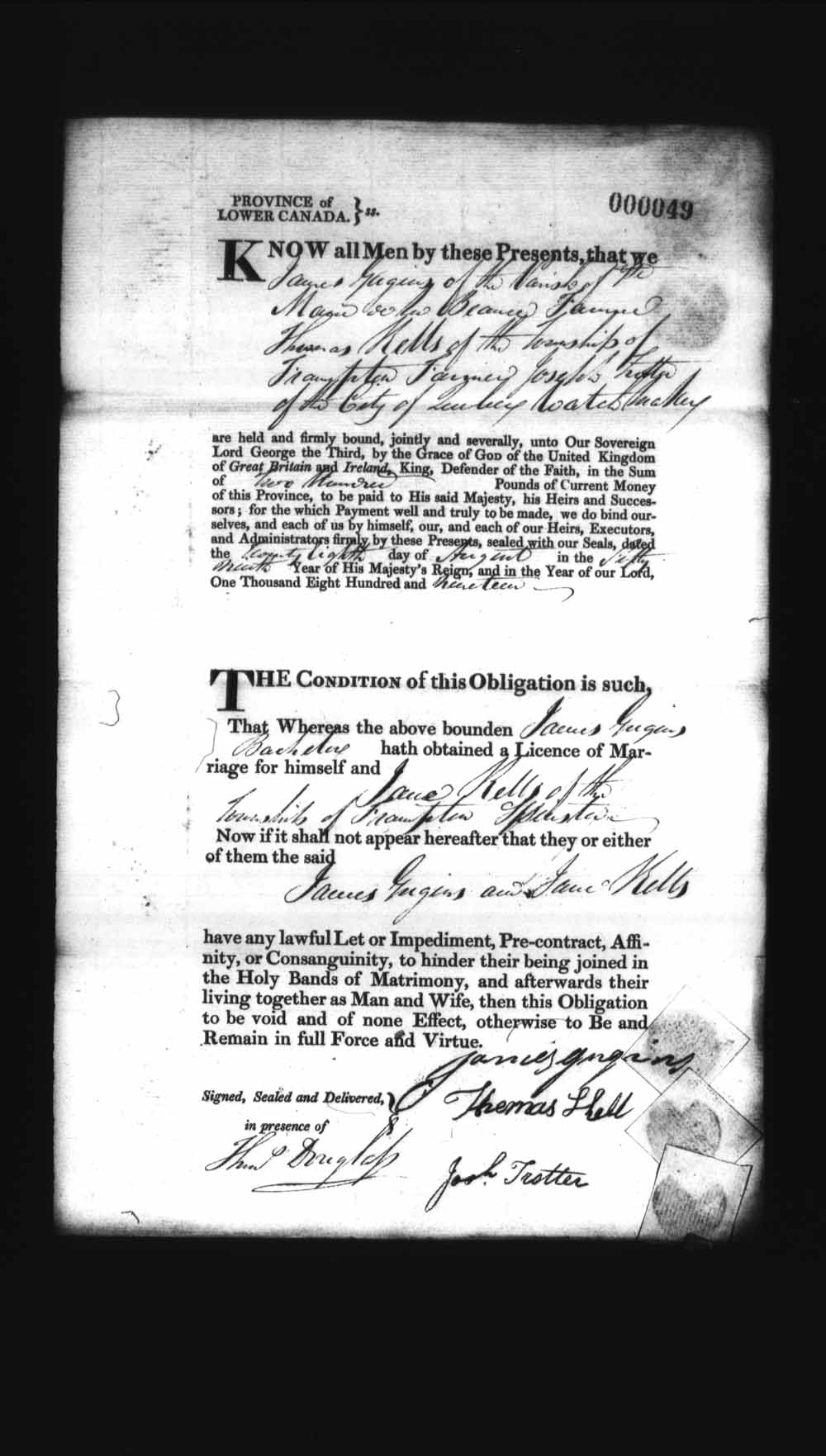 Digitized page of Upper and Lower Canada Marriage Bonds (1779-1865) for Image No.: e008235870