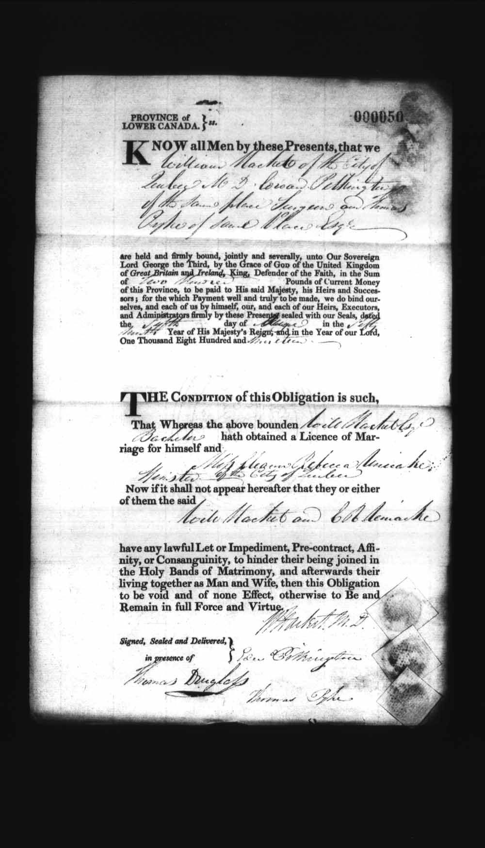 Digitized page of Upper and Lower Canada Marriage Bonds (1779-1865) for Image No.: e008235871