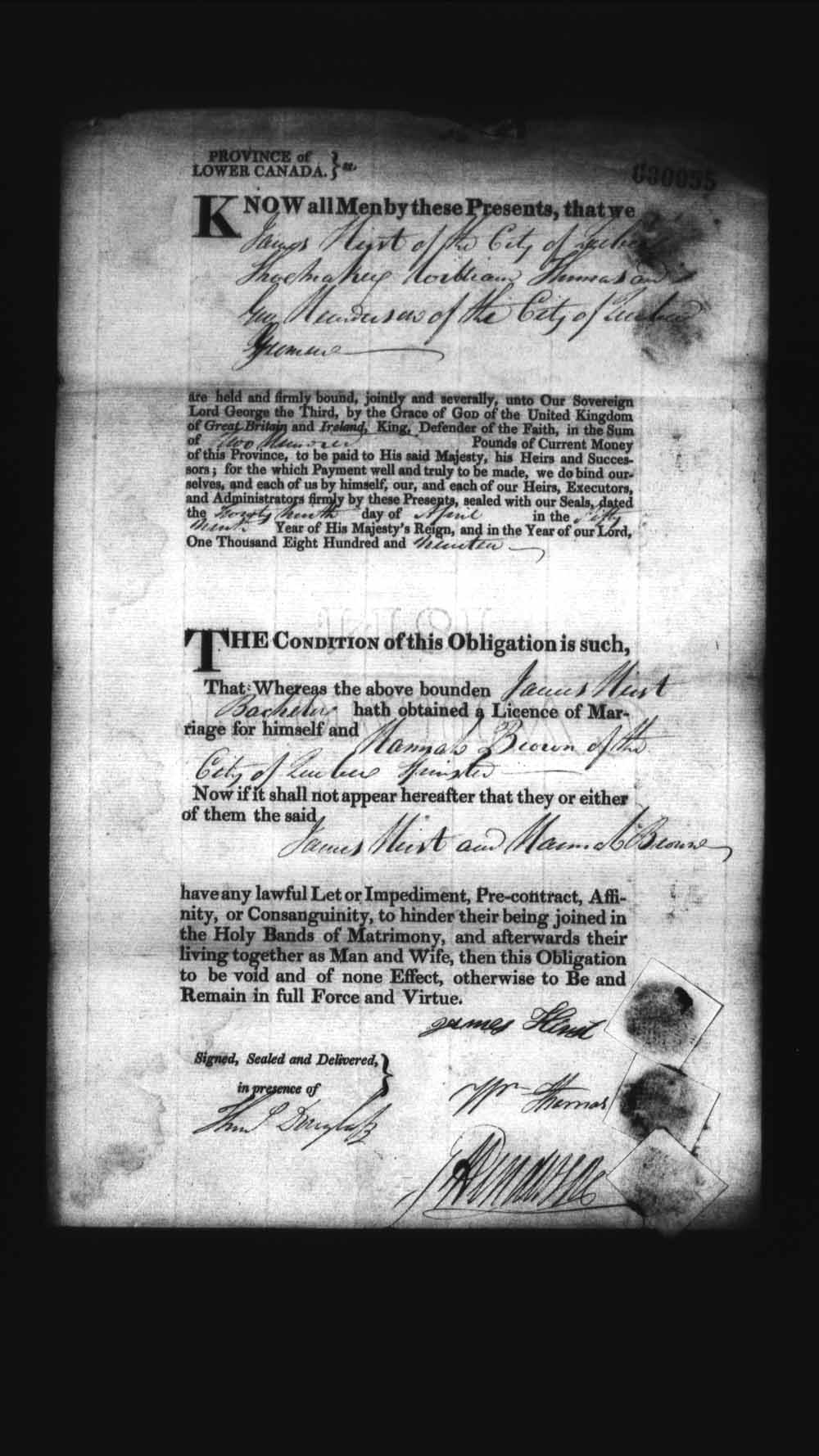 Digitized page of Upper and Lower Canada Marriage Bonds (1779-1865) for Image No.: e008235877