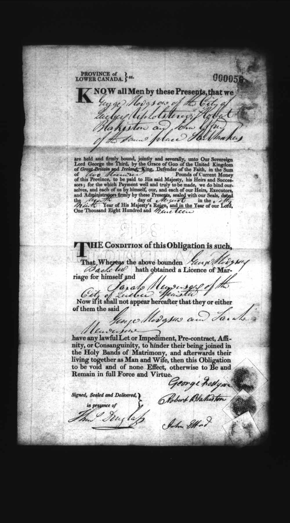 Digitized page of Upper and Lower Canada Marriage Bonds (1779-1865) for Image No.: e008235878