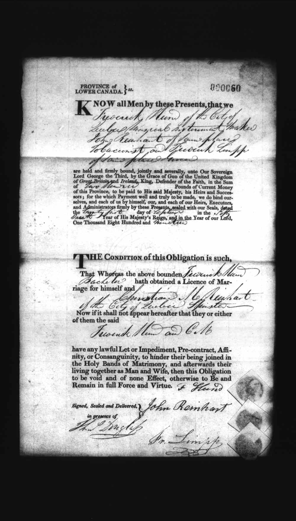 Digitized page of Upper and Lower Canada Marriage Bonds (1779-1865) for Image No.: e008235884