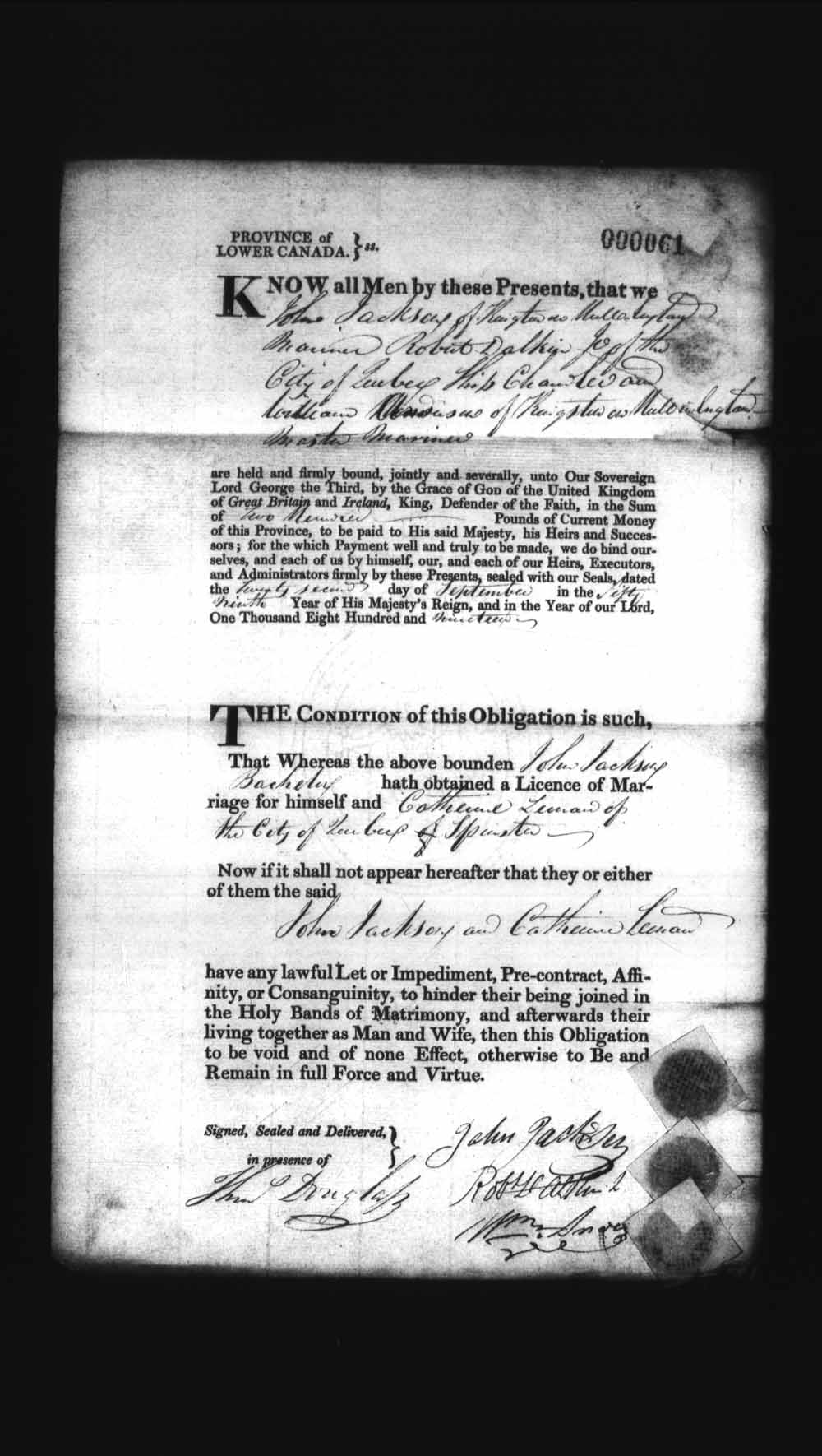 Digitized page of Upper and Lower Canada Marriage Bonds (1779-1865) for Image No.: e008235885