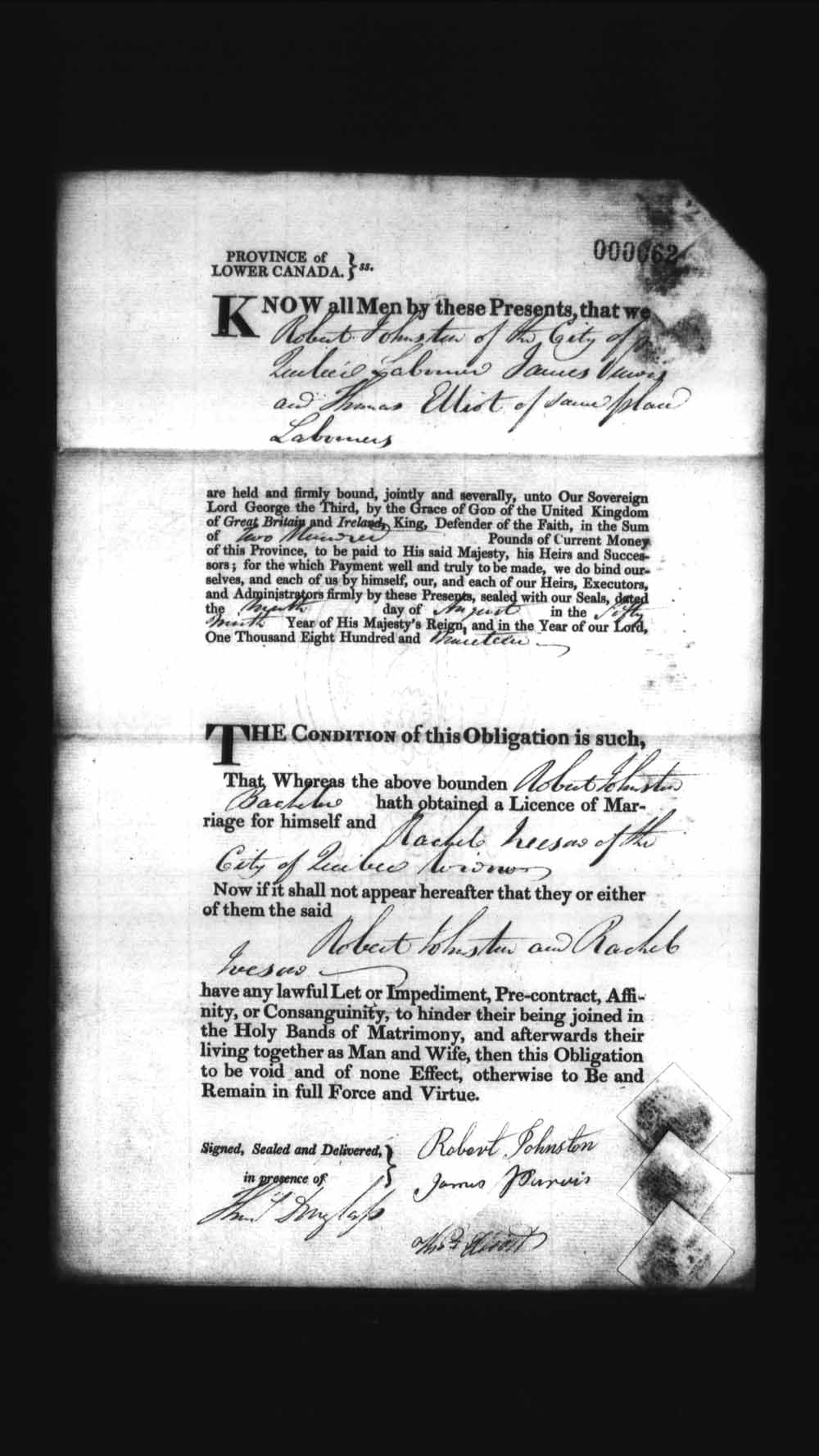 Digitized page of Upper and Lower Canada Marriage Bonds (1779-1865) for Image No.: e008235886