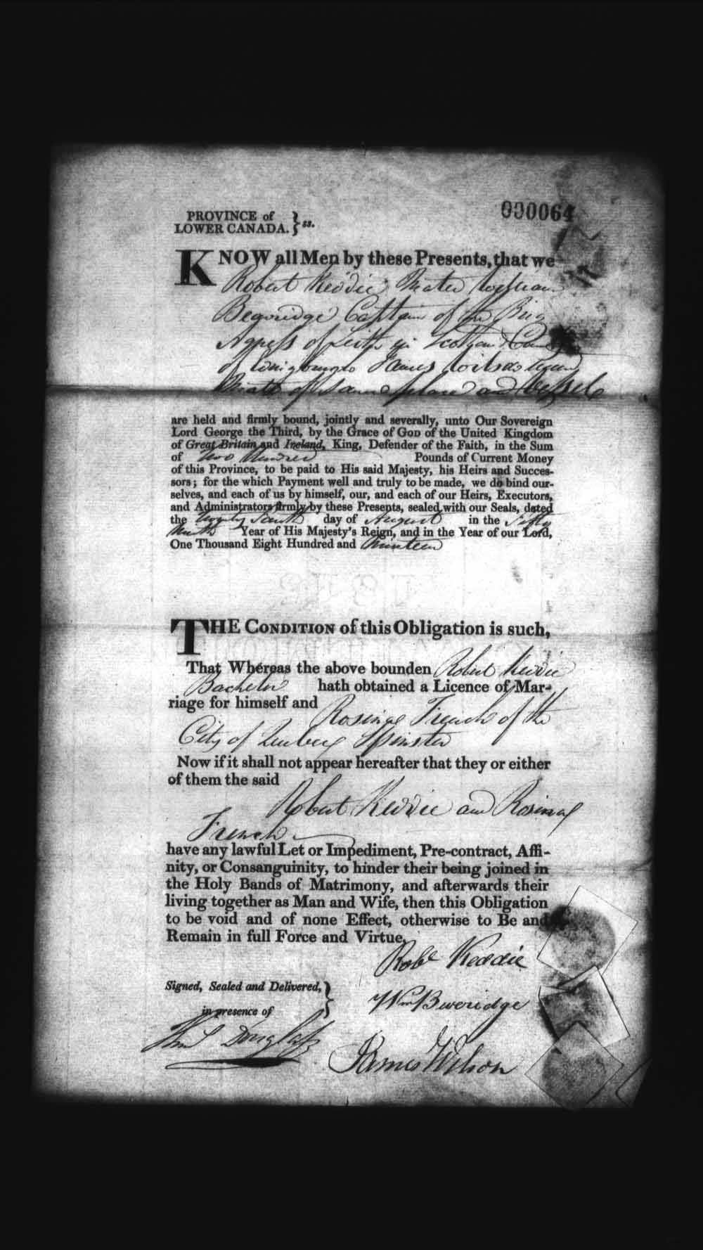 Page numérisé de Cautionnements de mariages pour le Haut-Canada et le Bas-Canada (1779-1865) pour l'image numéro: e008235888