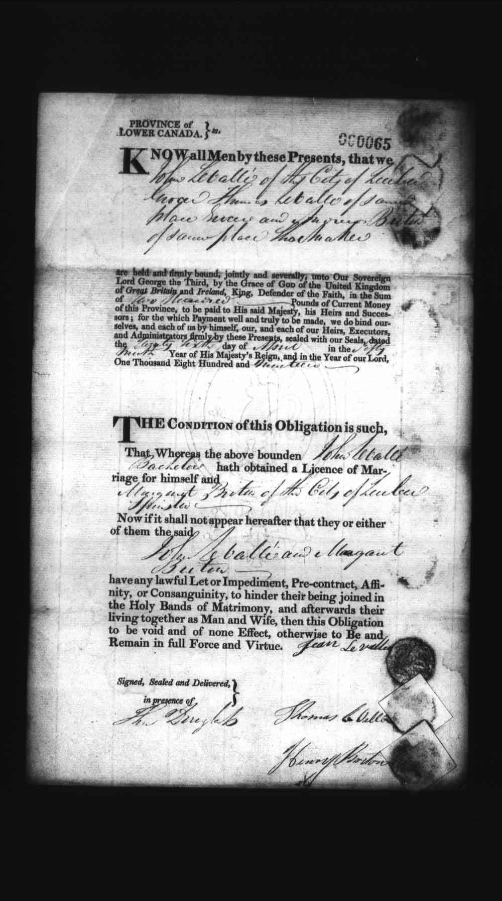 Digitized page of Upper and Lower Canada Marriage Bonds (1779-1865) for Image No.: e008235889