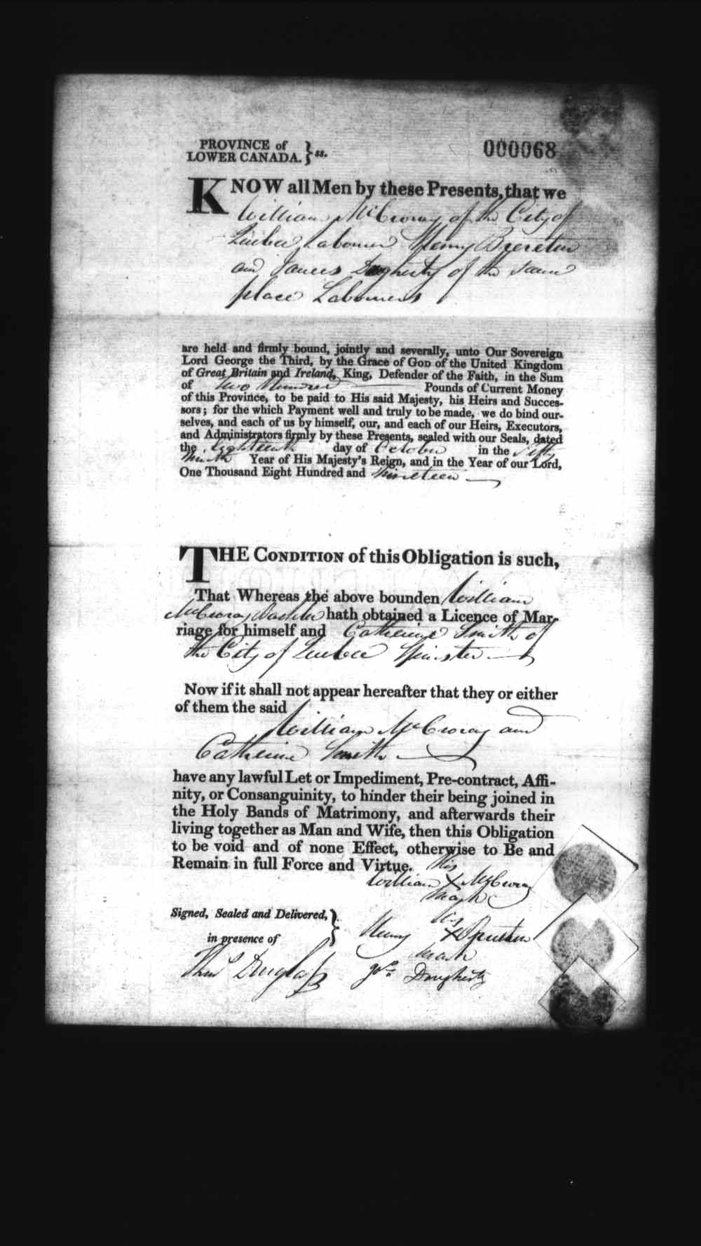 Digitized page of Upper and Lower Canada Marriage Bonds (1779-1865) for Image No.: e008235892