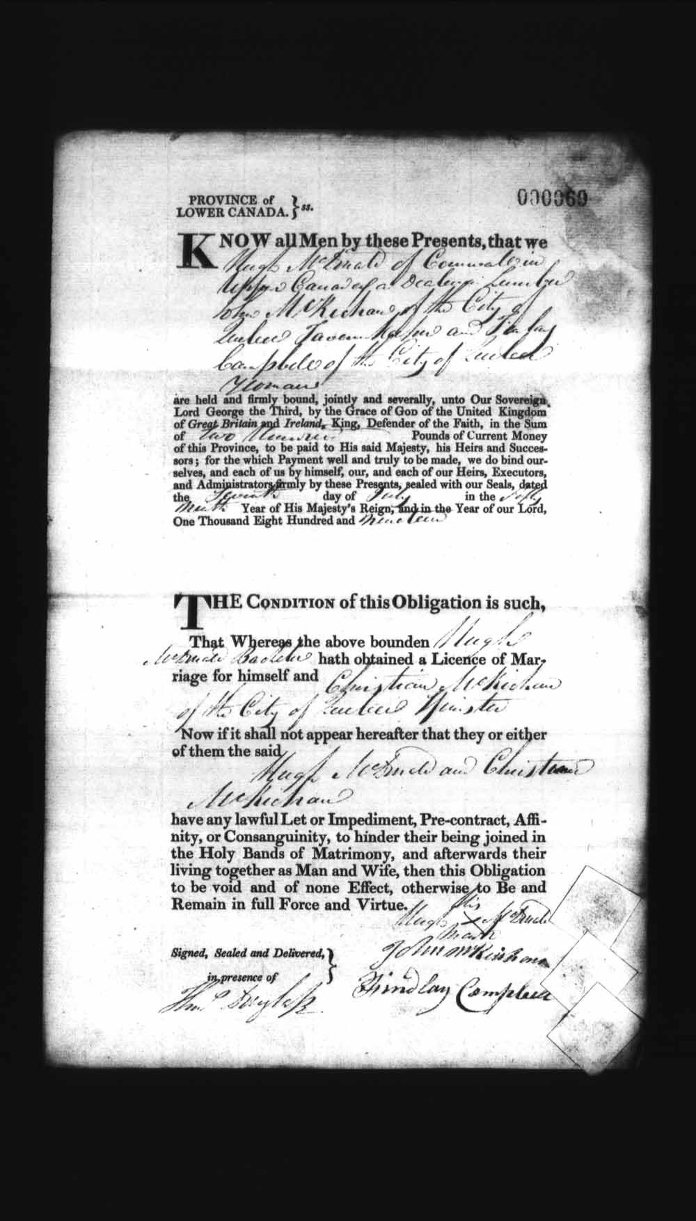 Digitized page of Upper and Lower Canada Marriage Bonds (1779-1865) for Image No.: e008235893